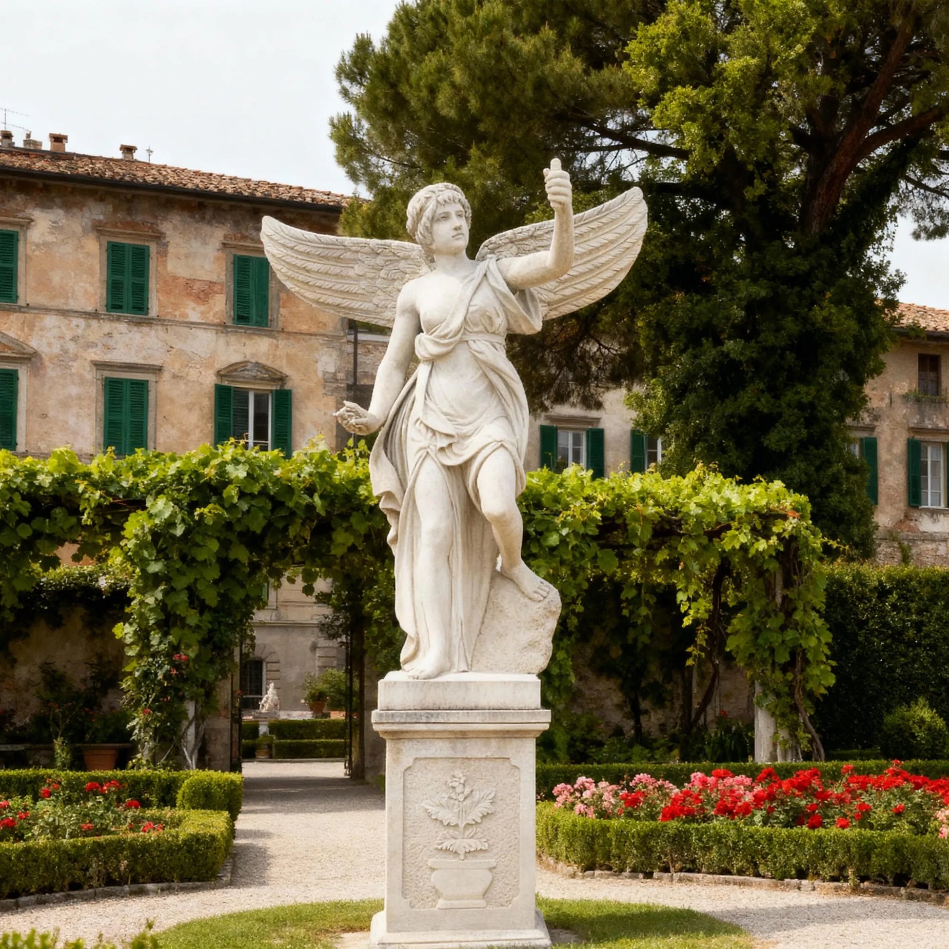 A marble angel statue with a solid base in a luxurious villa garden. 