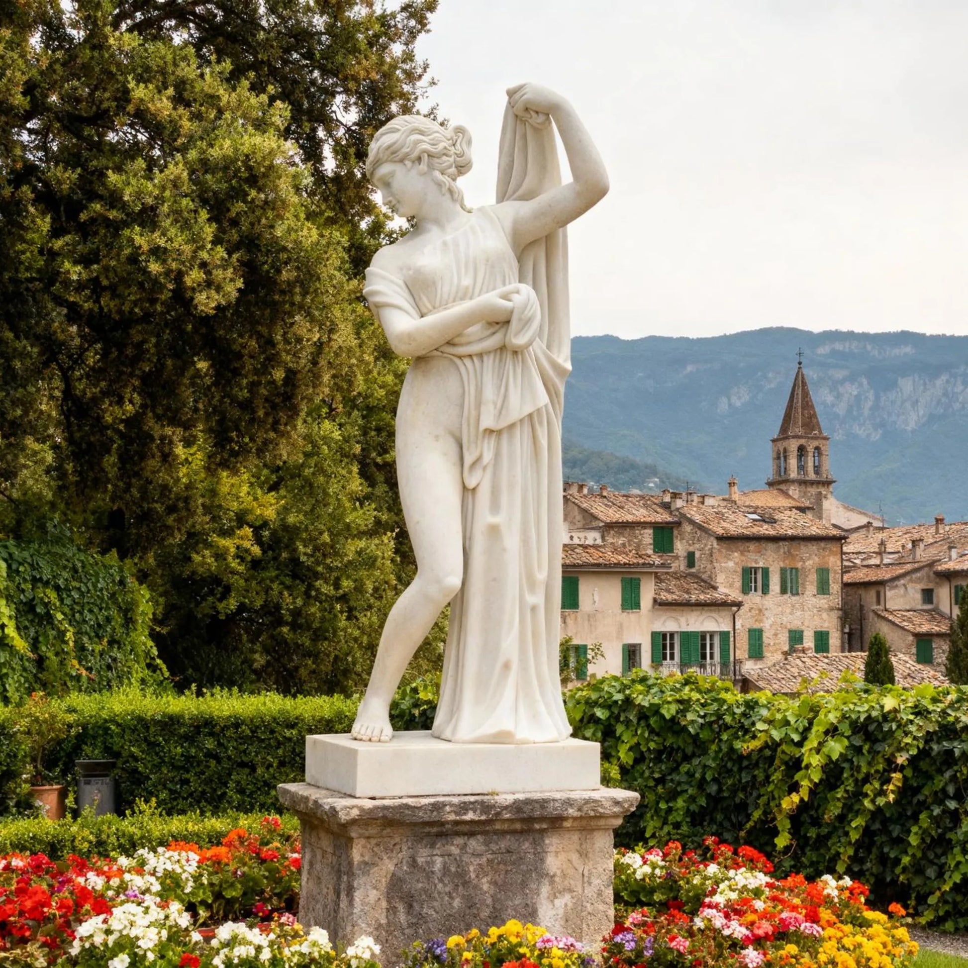 Marble statue of a woman wearing a long dress, gently leaning forward with subtle movement, standing among greenery and flowers.