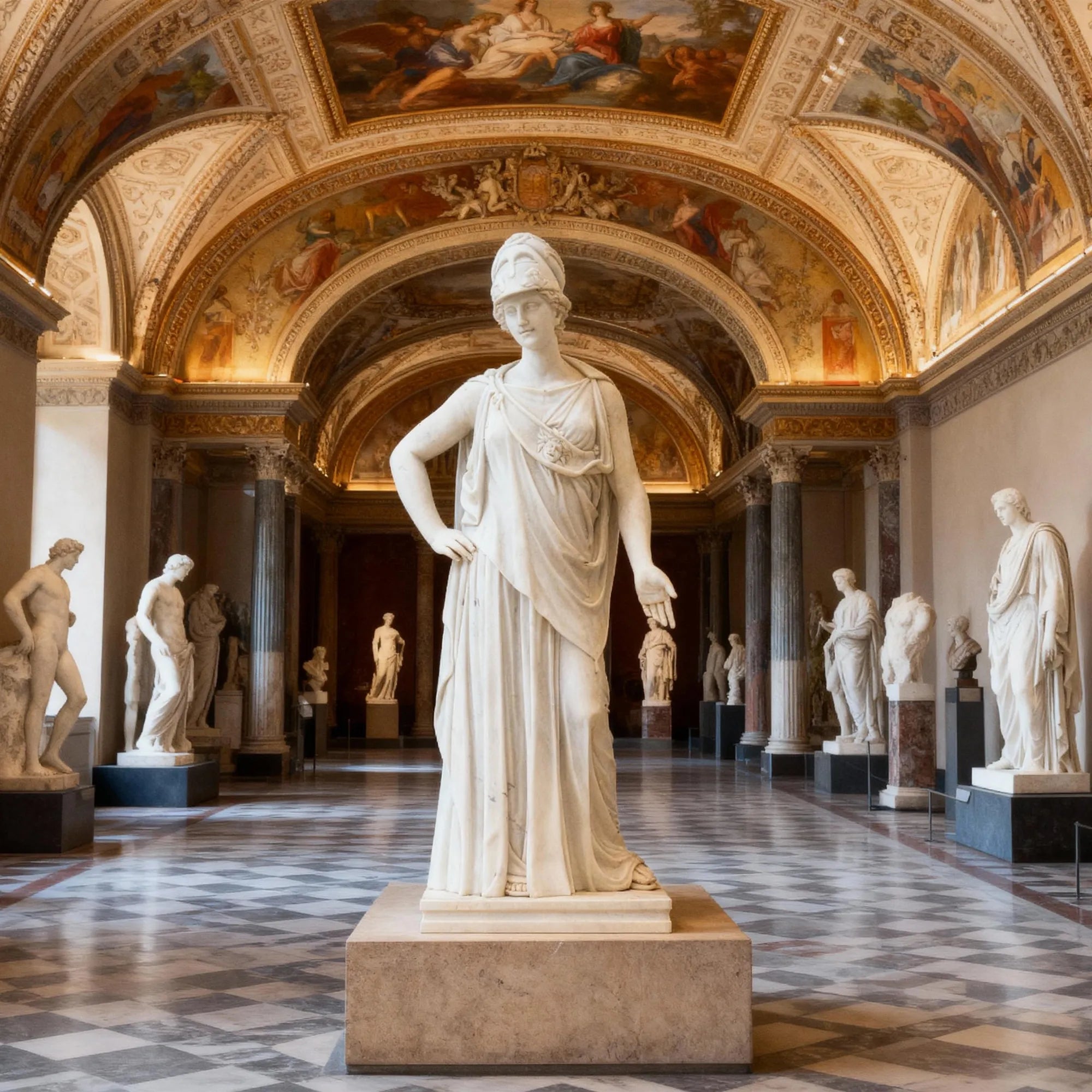 White marble Athena goddess statue in marble for museum gallery hall.