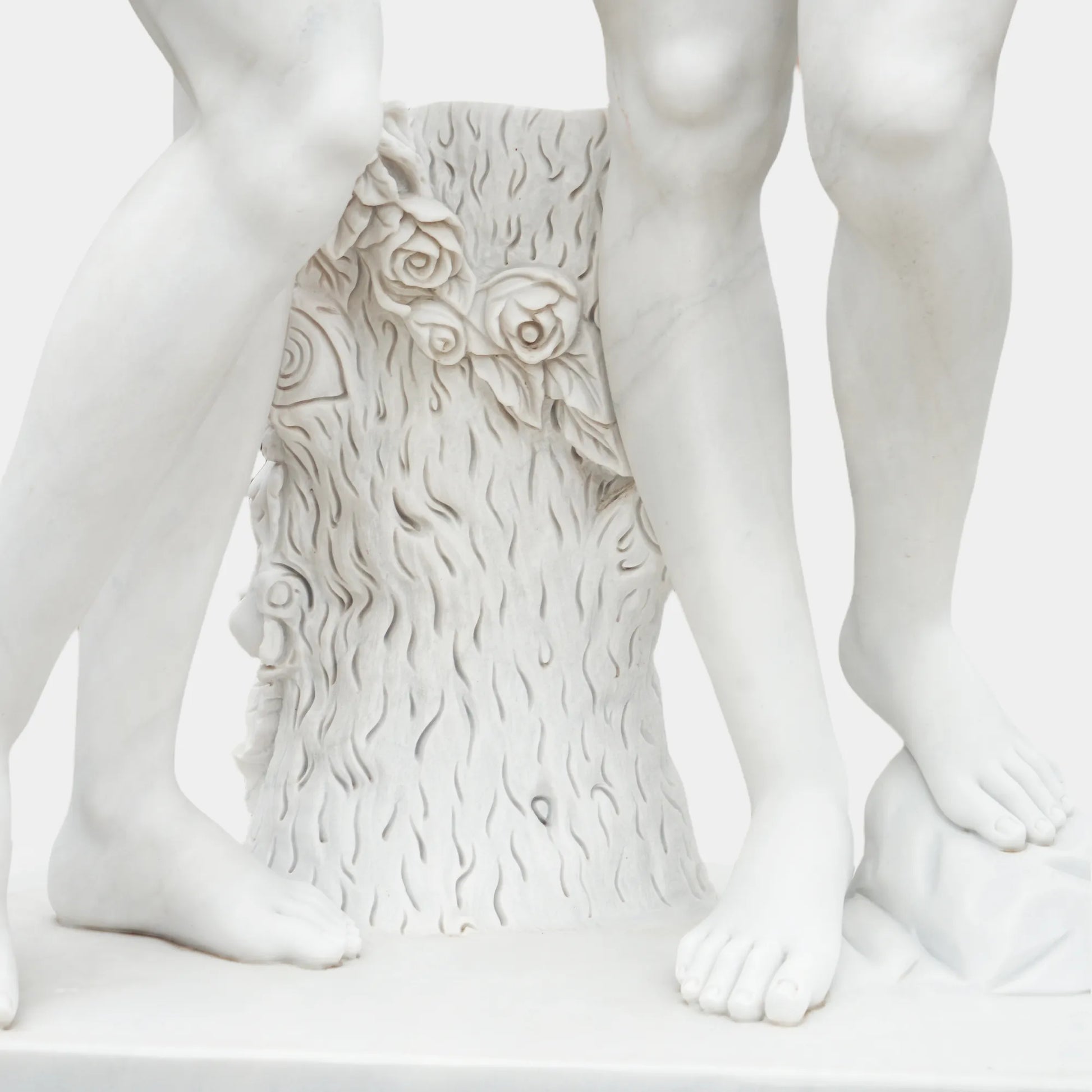 Three Graces marble statue with three intertwined female figures in white marble for garden, patio, courtyard, and terrace corner.