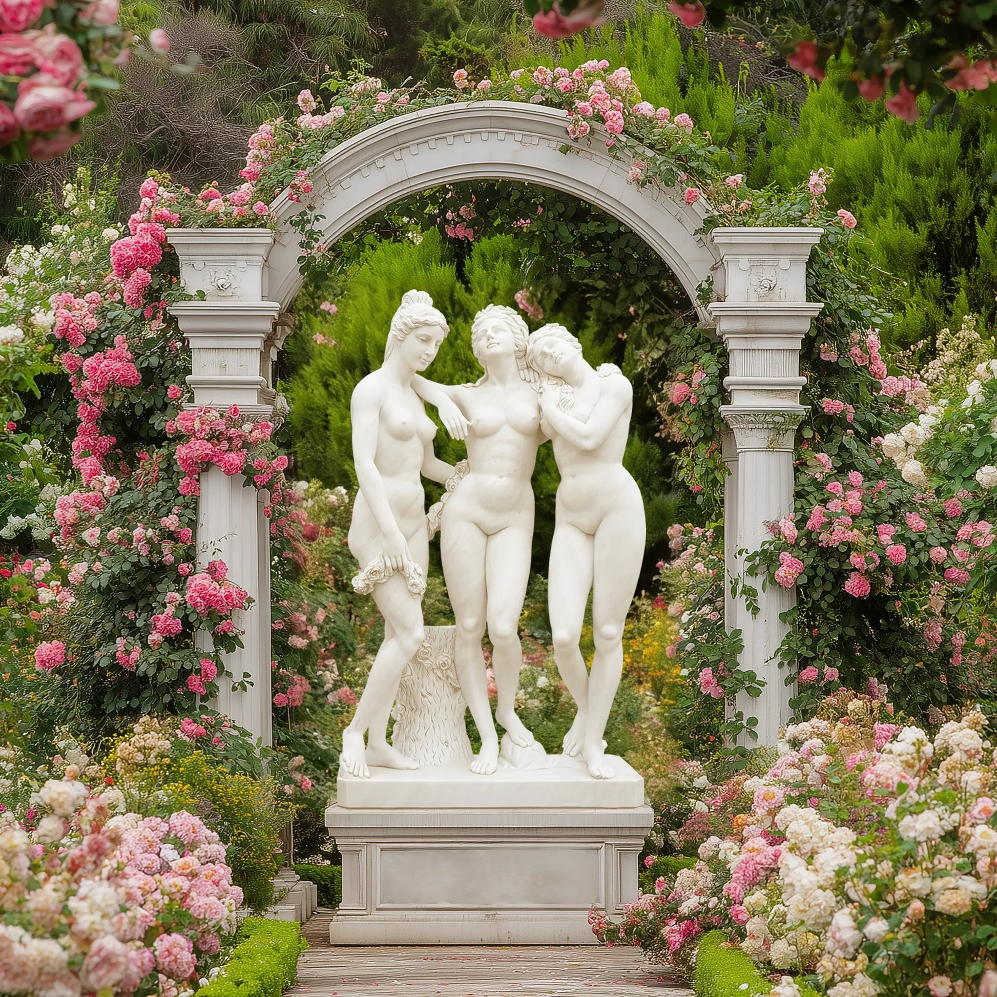 Three Graces marble statue with three intertwined female figures in white marble for garden, patio, courtyard, and terrace corner.
