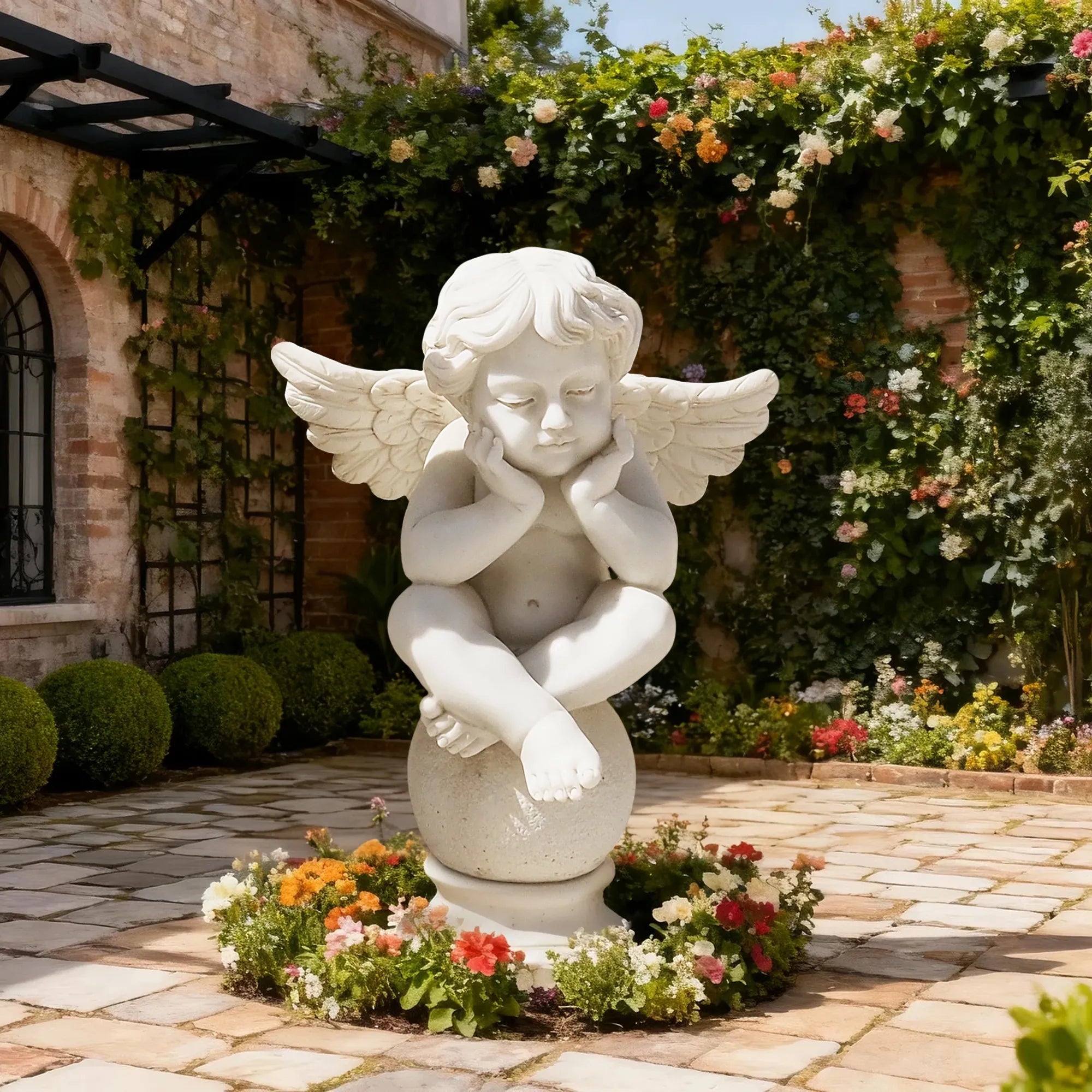 Small angel statue made of natural white marble, sitting on a round pedestal, resting its face on its hands, surrounded by garden greenery