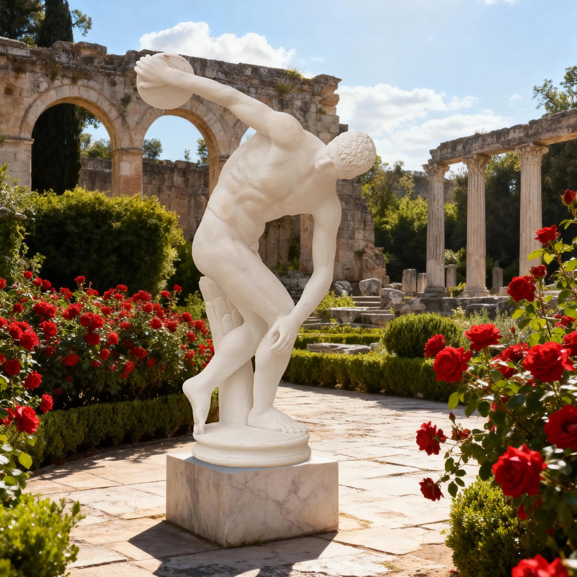White marble discus thrower statue in dynamic pose in a classical Greek style garden with stone columns and greenery.