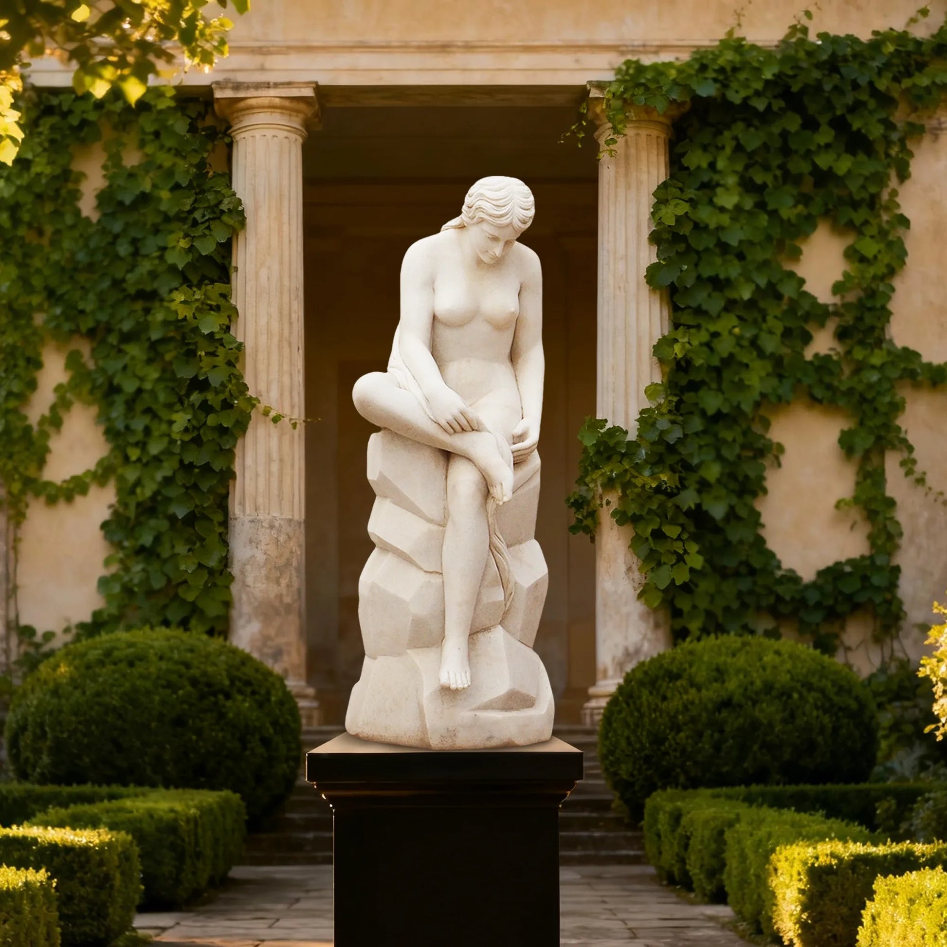 White marble seated female statue on stone base in front of classical columns and ivy-covered walls