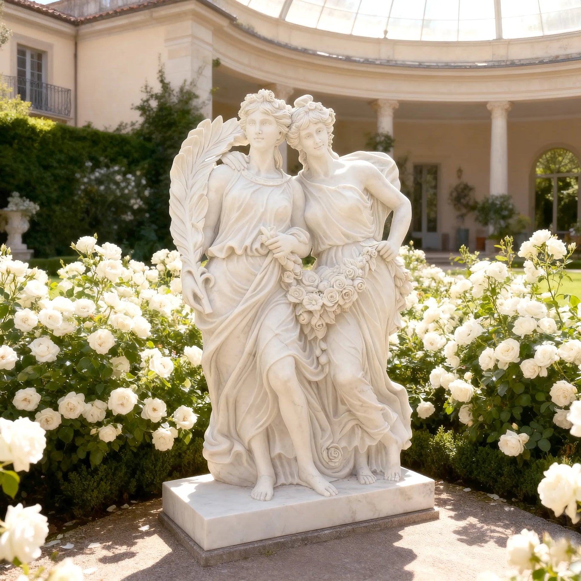 White marble statue of two female figures holding flowers in front of blooming rose garden with classical courtyard behind. 