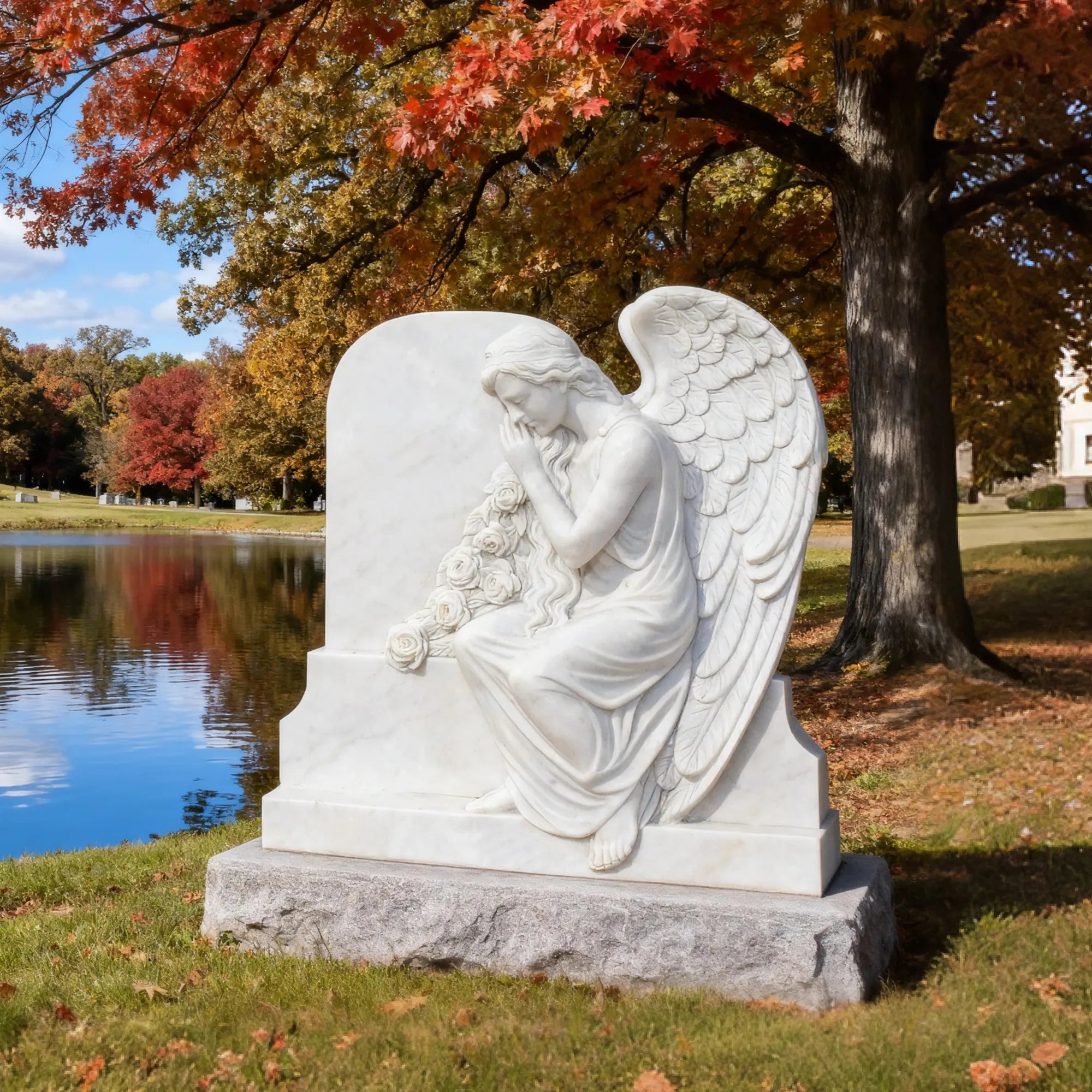 White marble angel statue leaning against a memorial marker in a cemetery garden, memorial setting