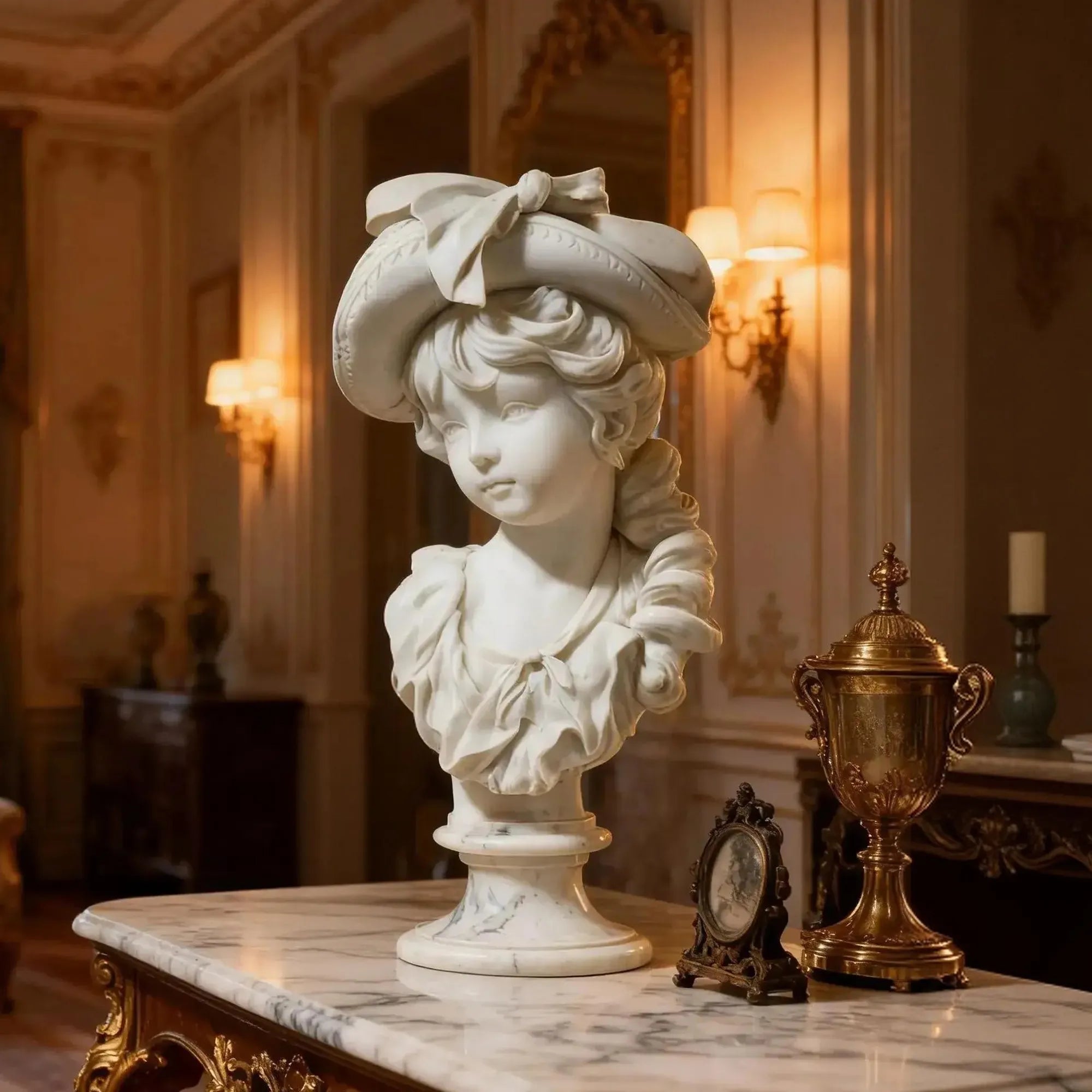 Marble bust of a little girl wearing a hat placed on a tabletop in a villa.