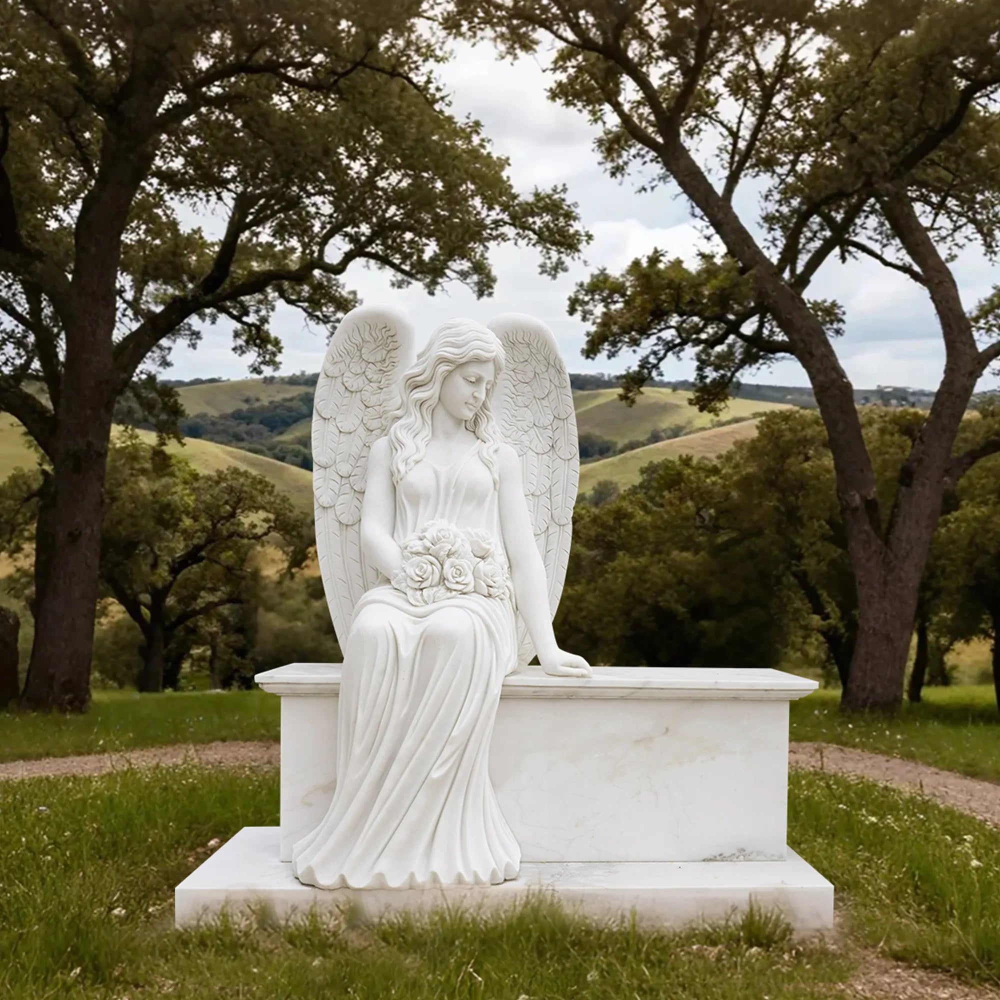 Angel statue in white marble with delicate wings and bouquet, seated on a pedestal in a serene garden surrounded by trees.