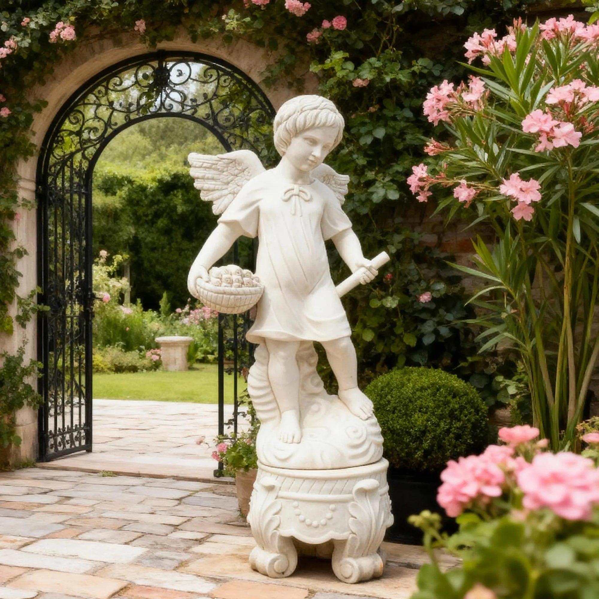 Marble angel statue holding a basket, placed along a garden path surrounded by flowers.