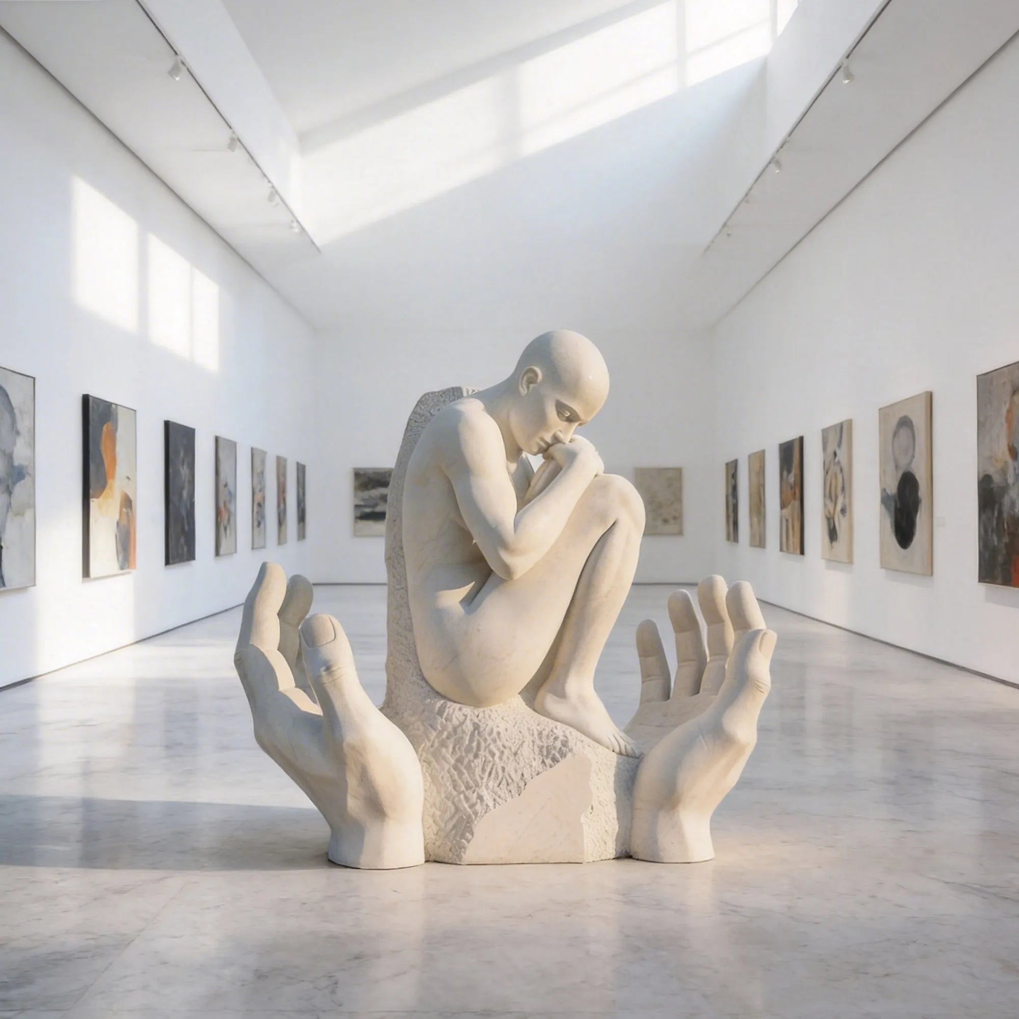A marble human figure resting in the hands in an art gallery.