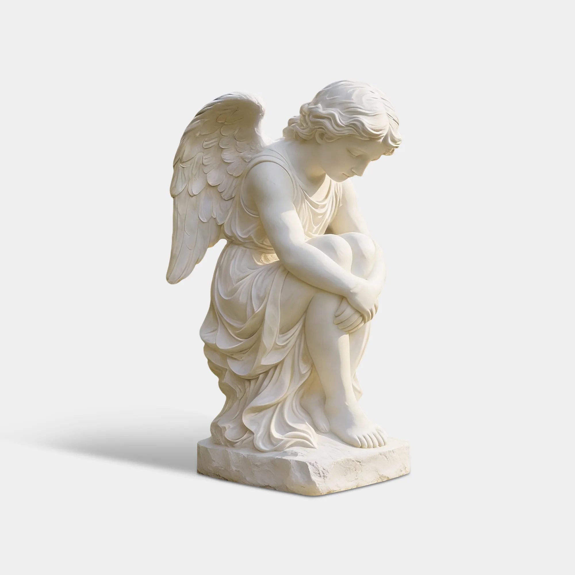 Angel statue in white marble, sitting gracefully in a garden with colorful flowers, creating a peaceful and spiritual atmosphere.