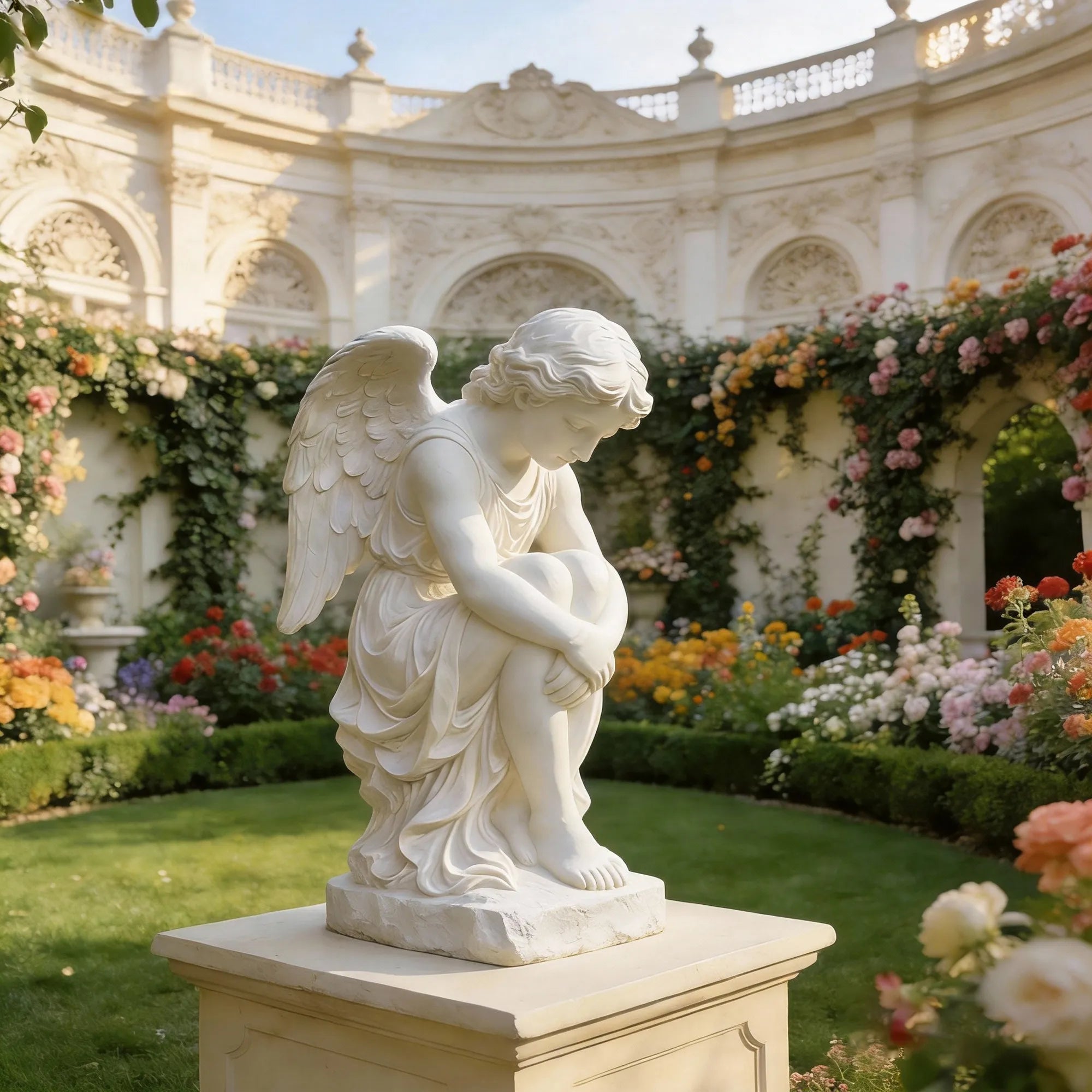 Angel statue in white marble, sitting gracefully in a garden with colorful flowers, creating a peaceful and spiritual atmosphere.