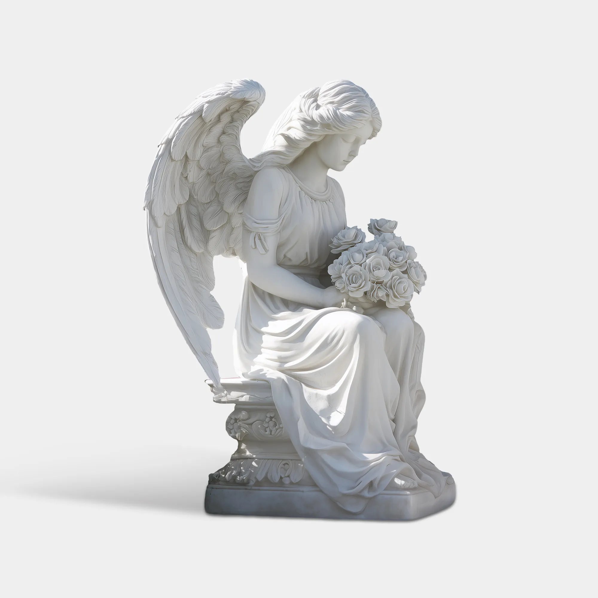 A graceful angel statue made of white marble, seated on a stone pedestal with closed eyes, flowers in hand, adding serenity to memorial gardens, courtyards, and churches.