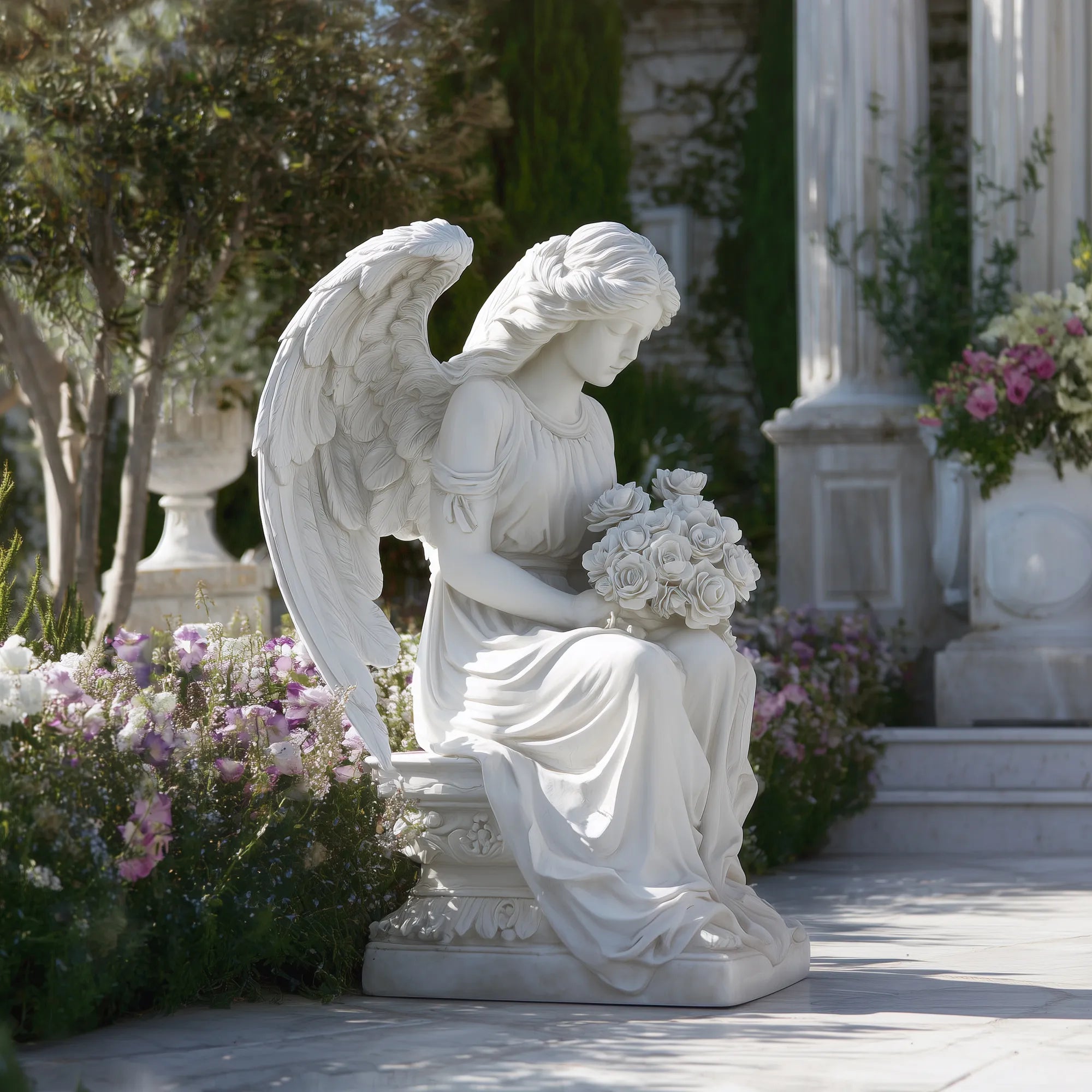 A graceful angel statue made of white marble, seated on a stone pedestal with closed eyes, flowers in hand, adding serenity to memorial gardens, courtyards, and churches.