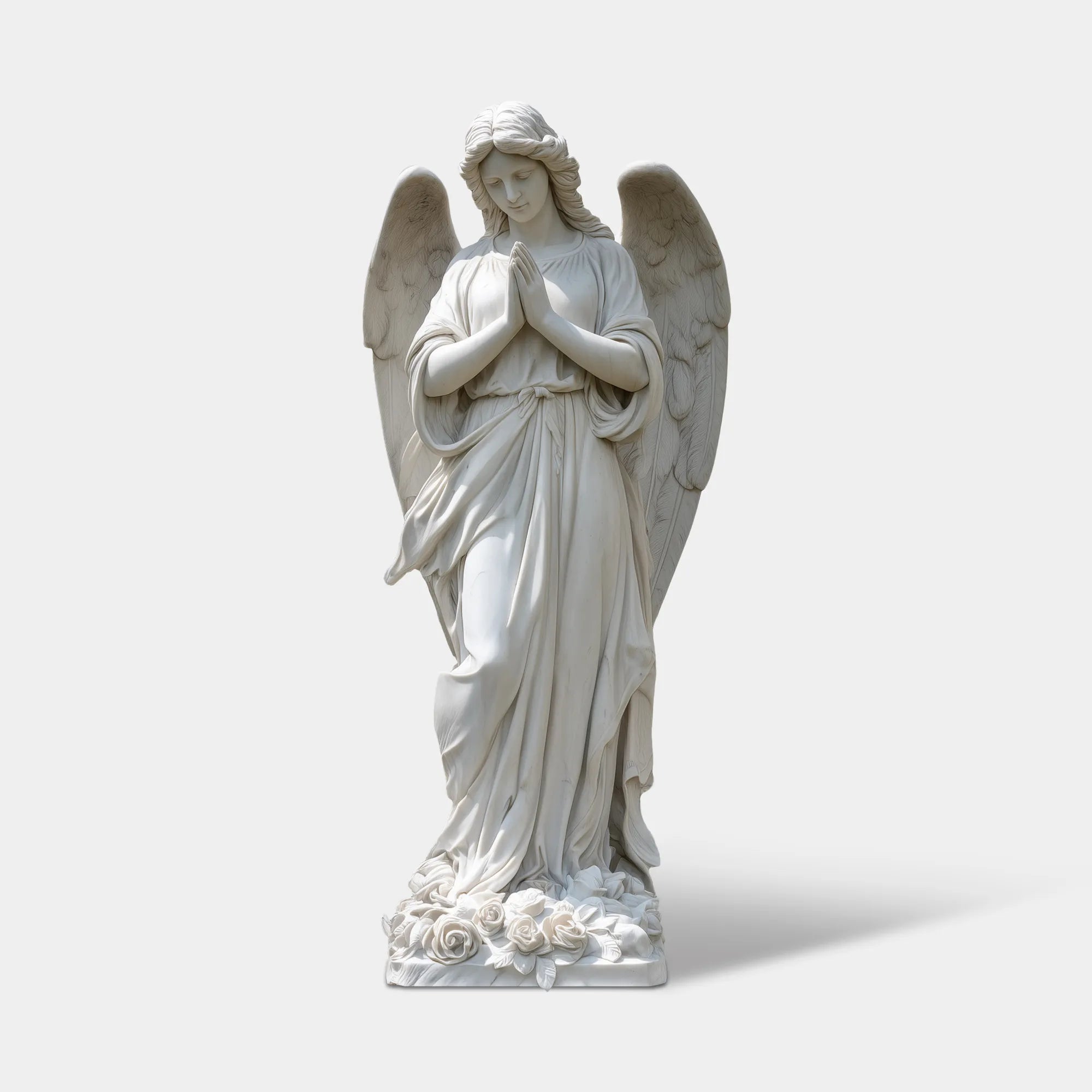Praying angel statue in marble for garden pathways, courtyard corners, and memorial spaces. Complimentary shipping with optional custom sizing.