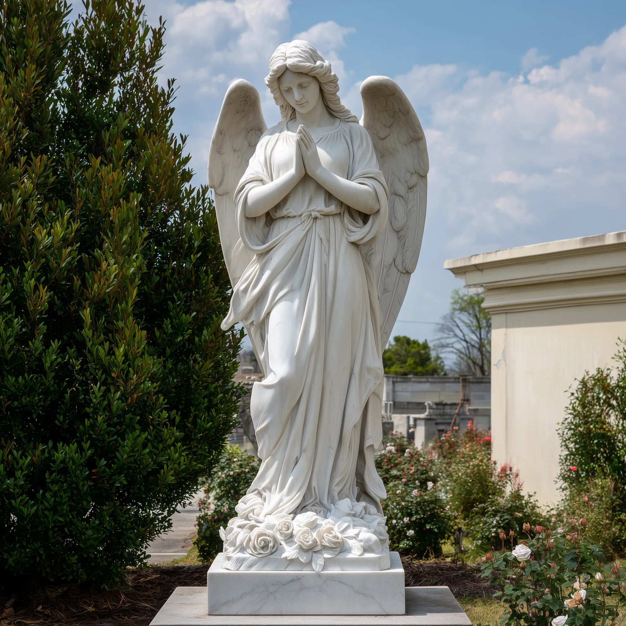 Praying angel statue in marble for garden pathways, courtyard corners, and memorial spaces. Complimentary shipping with optional custom sizing.