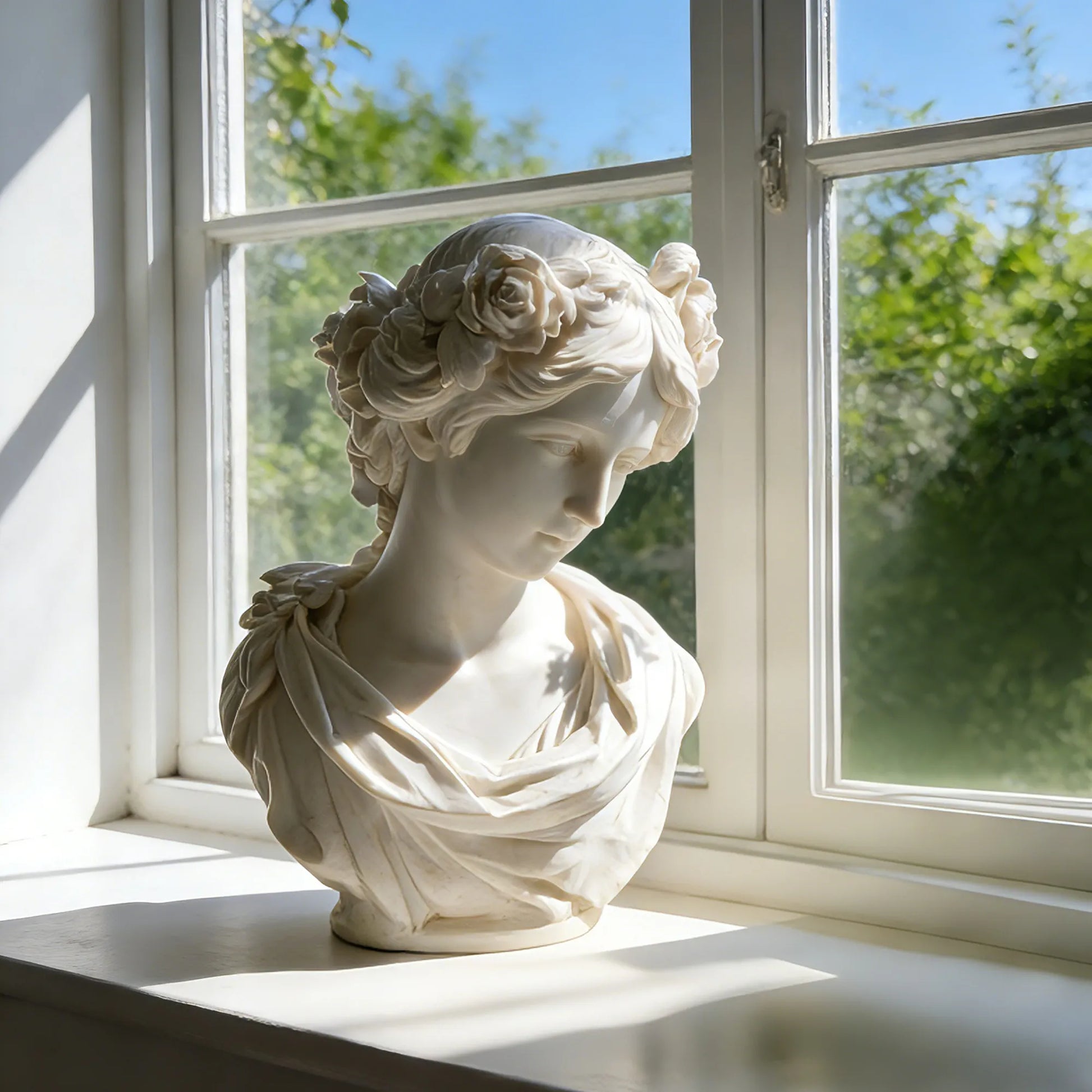 Marble female bust wearing a floral crown, detailed facial features, smooth finish, suitable on window sills.