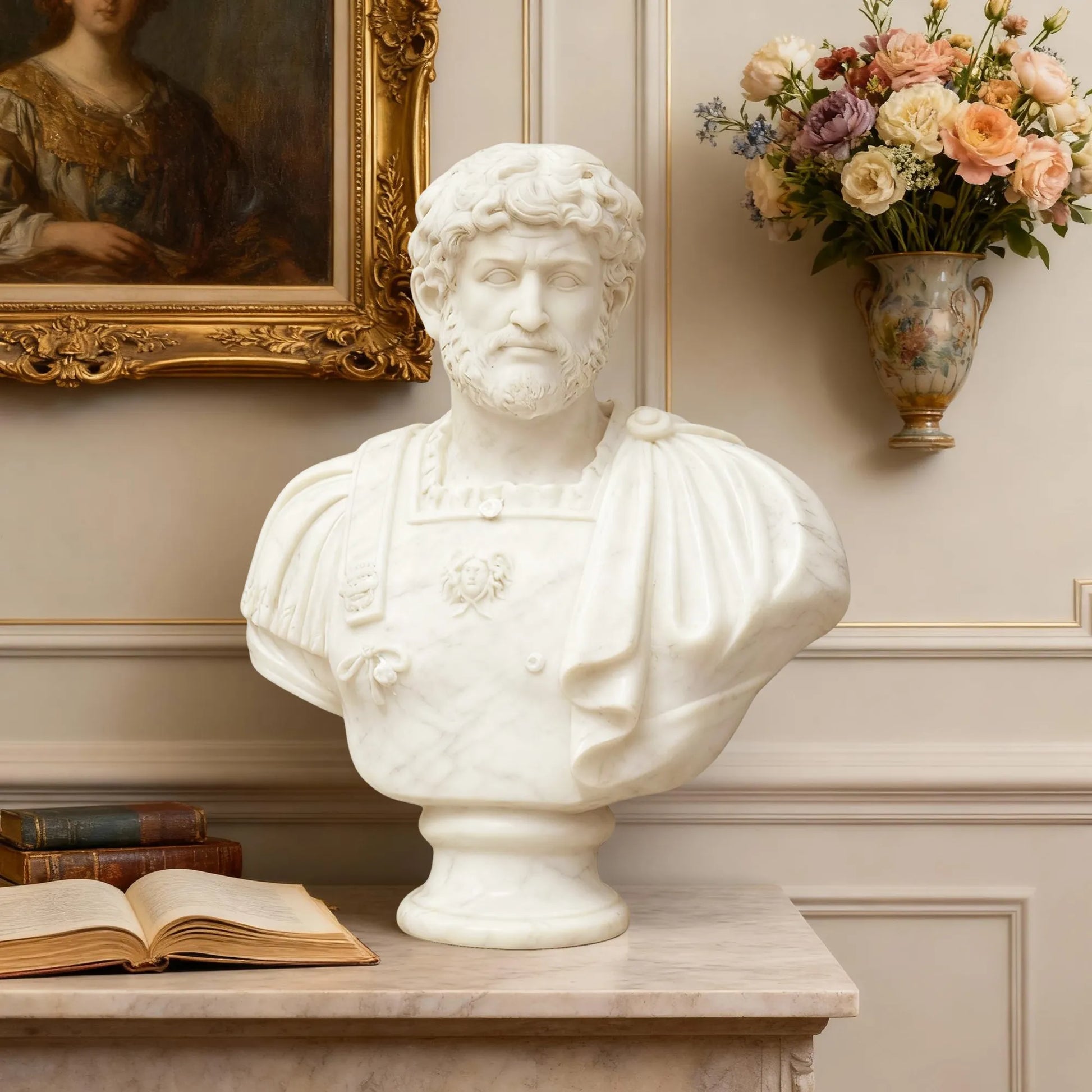 Hadrian marble bust sculpture on a desktop in a home study.