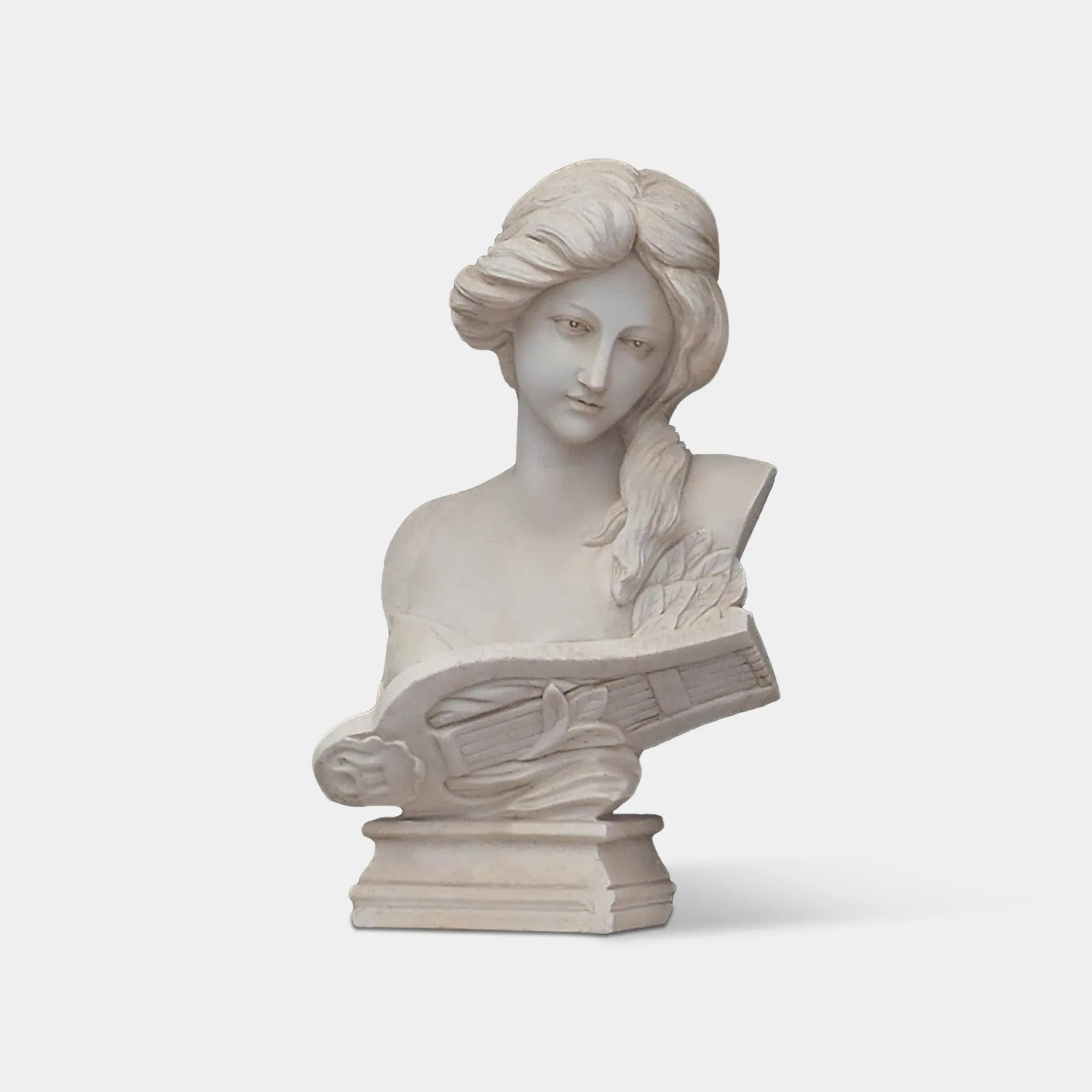 White marble Greek muse bust sculpture with lyre in classical style on pedestal.