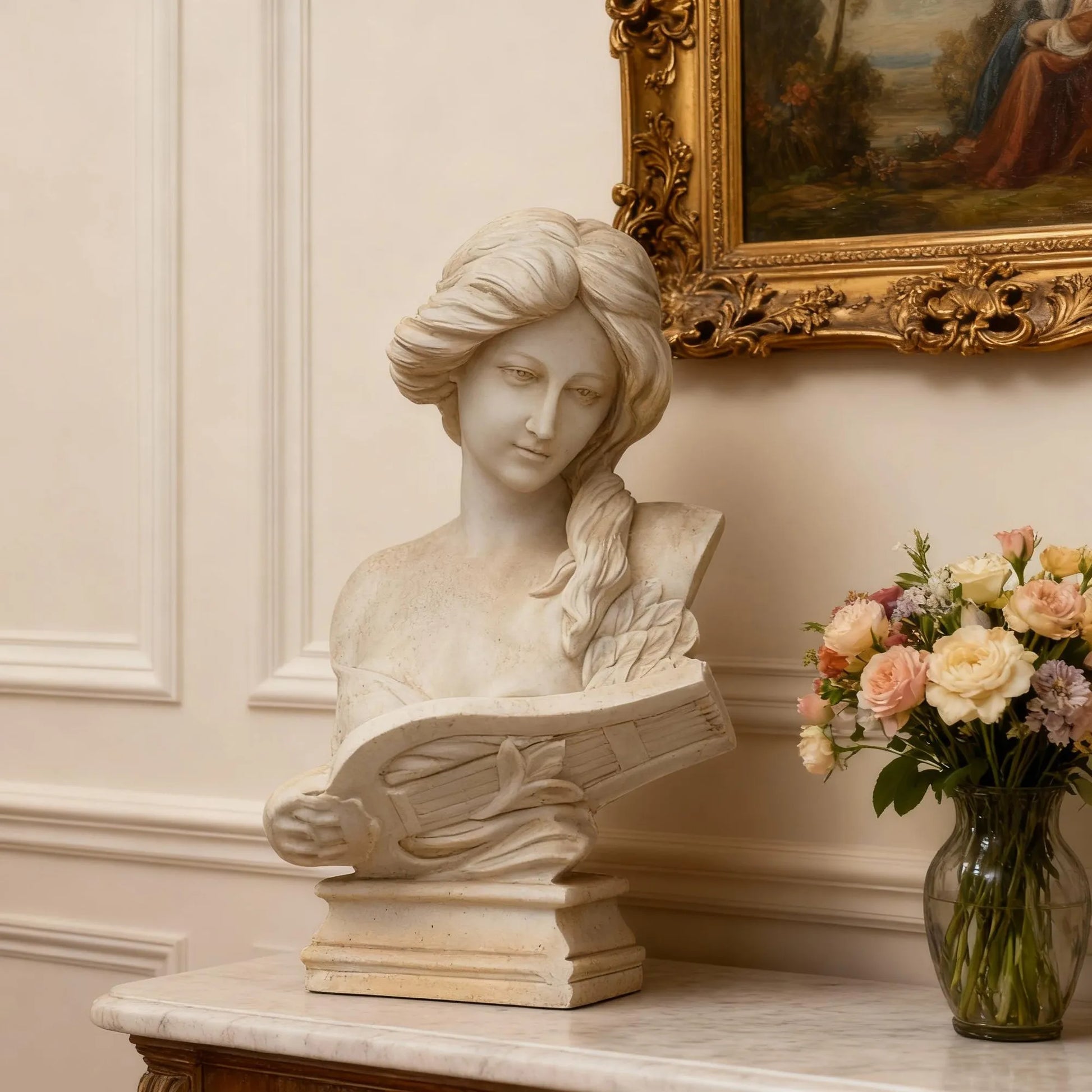 White marble Greek muse bust sculpture with lyre in classical style on pedestal.