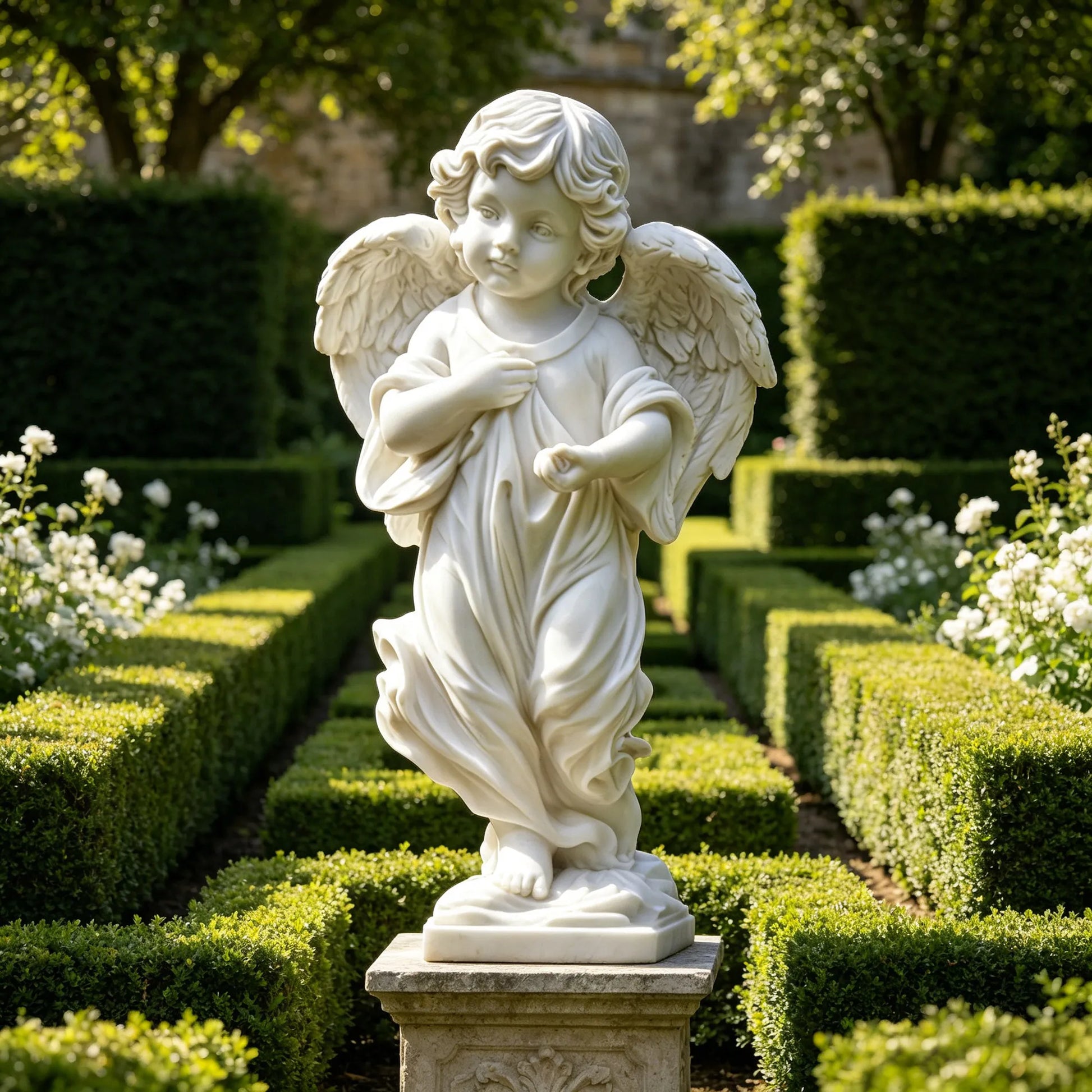 White marble angel statue with detailed wings and flowing robe in a formal garden pathway with trimmed hedges.