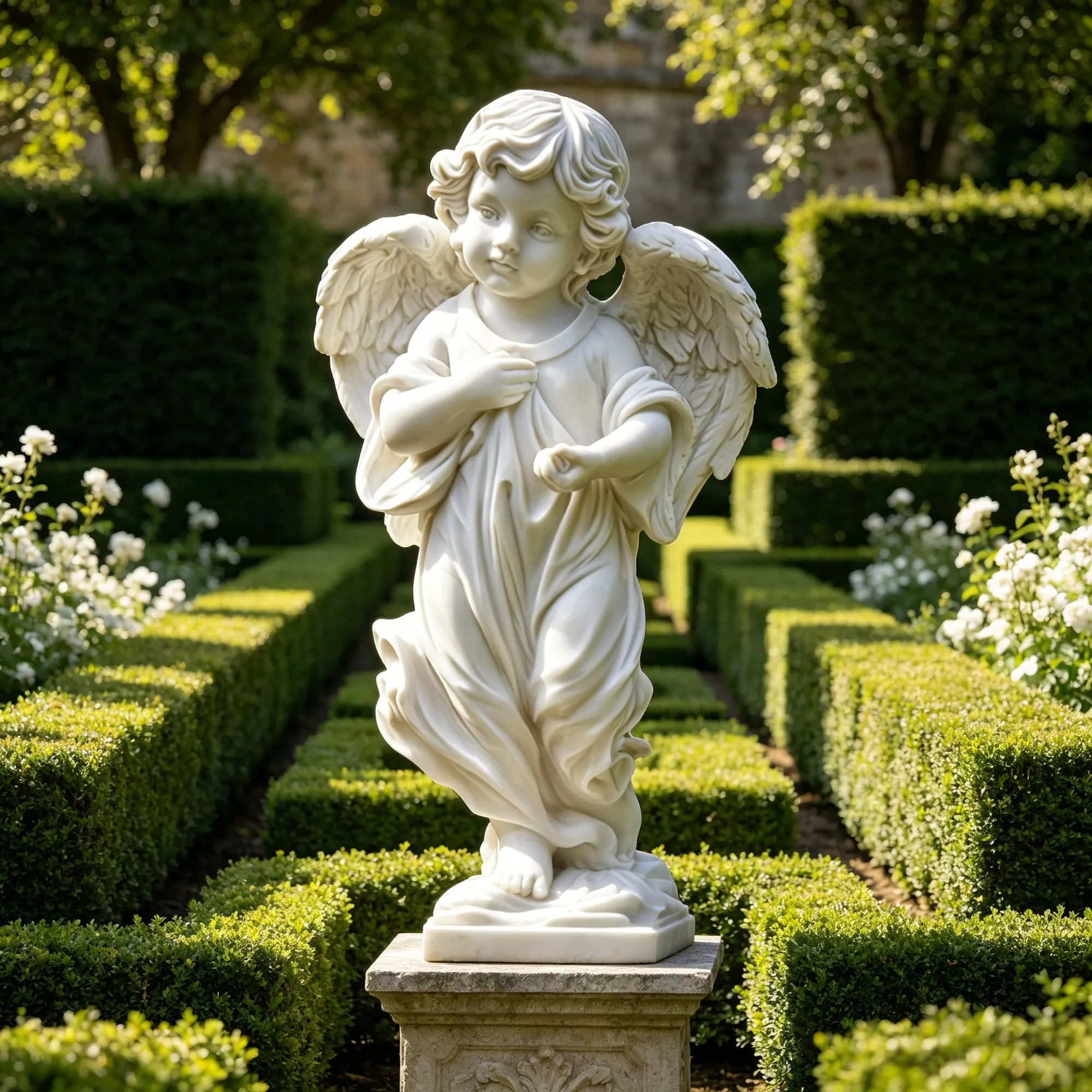 White marble angel statue with detailed wings and flowing robe in a formal garden pathway with trimmed hedges.