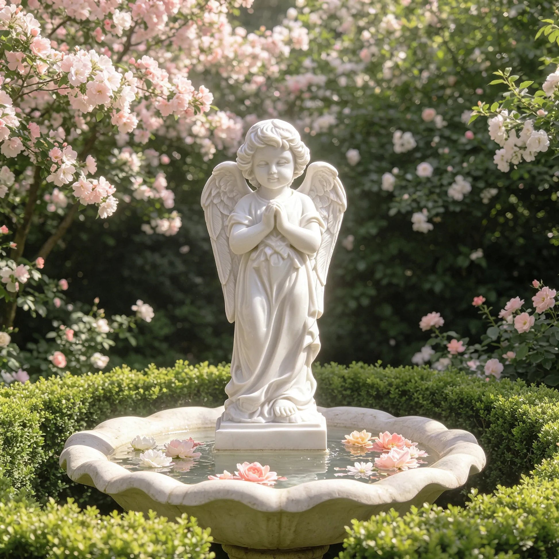 White marble angel statue in a flower shaped fountain with pink roses in a garden courtyard.