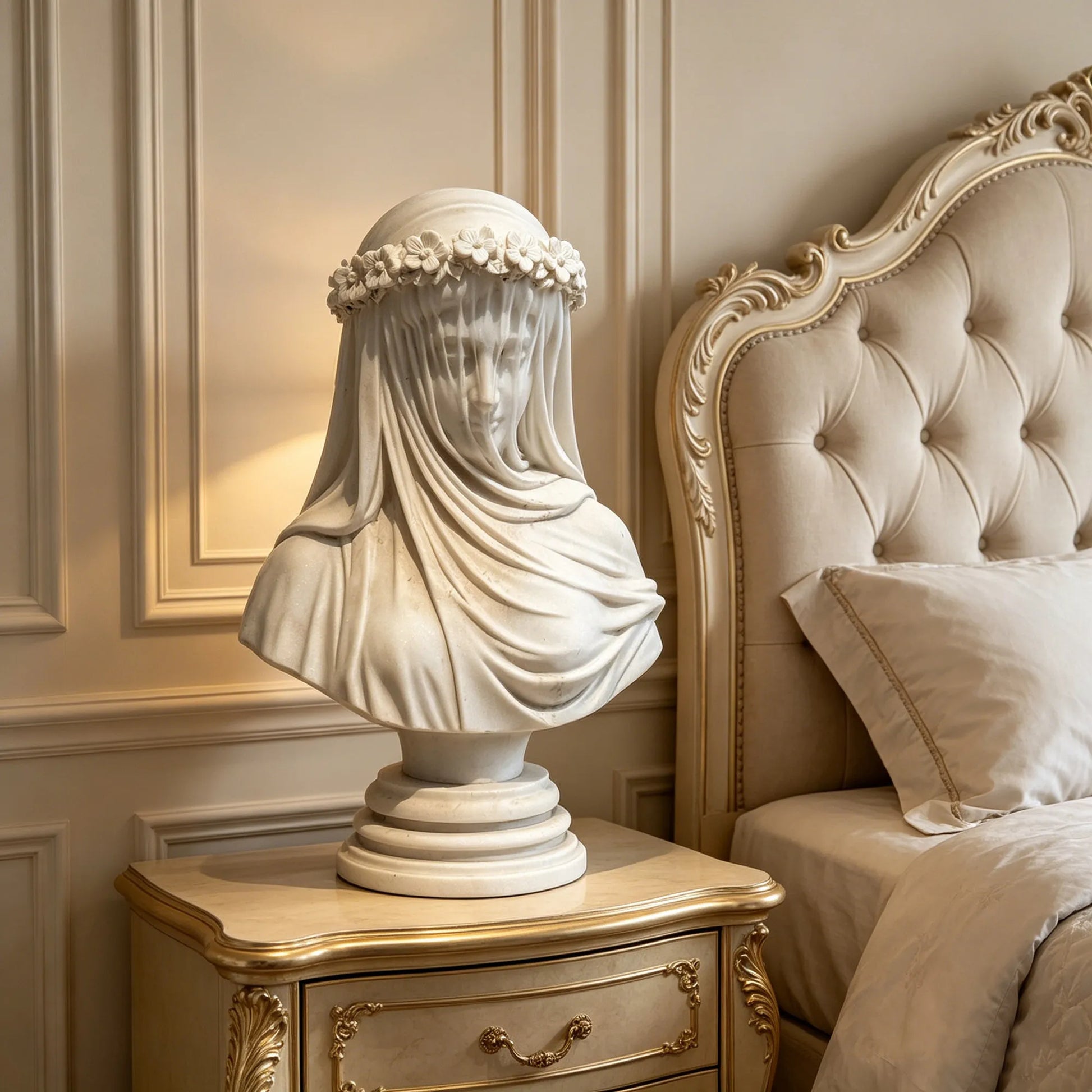 White marble veiled bust sculpture with flower crown in a luxury bedroom beside elegant classic furniture.
