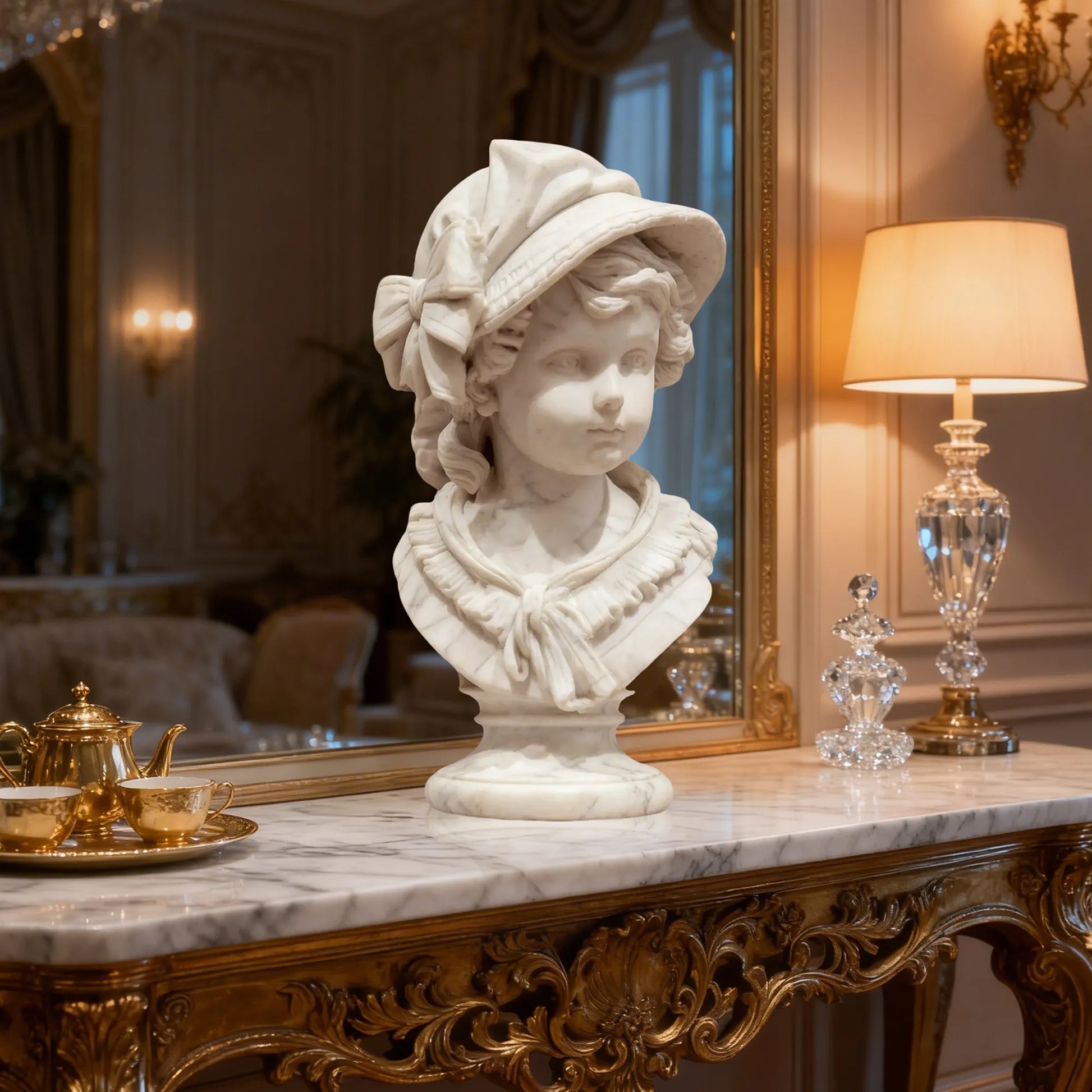 A white rococo child marble bust statue rests on a carved golden console table inside an elegant vintage styled table.