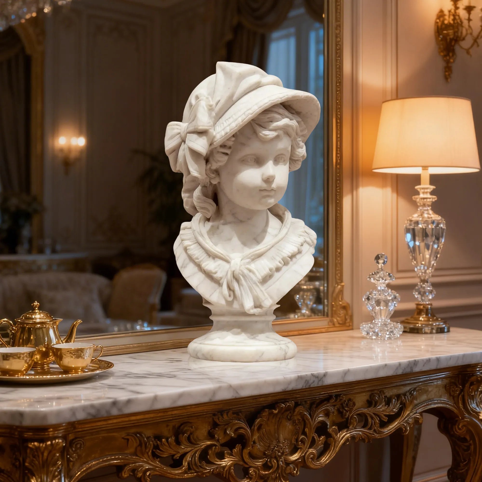 A white rococo child marble bust statue rests on a carved golden console table inside an elegant vintage styled table.