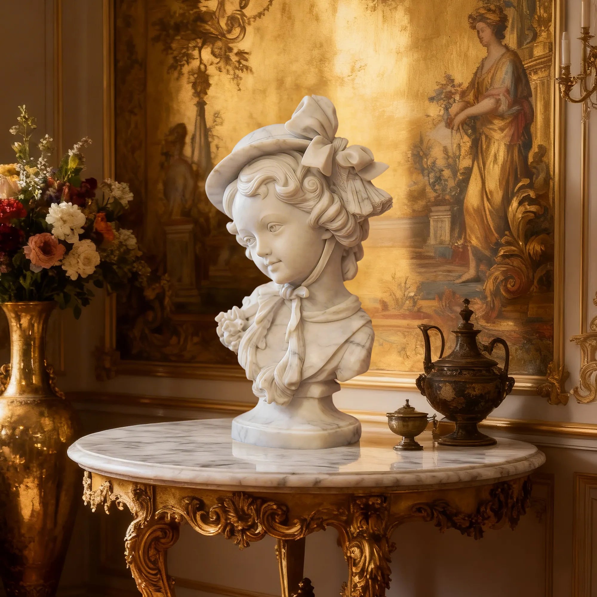 White marble classic girl bust sits on marble table in front of gilded antique mural.