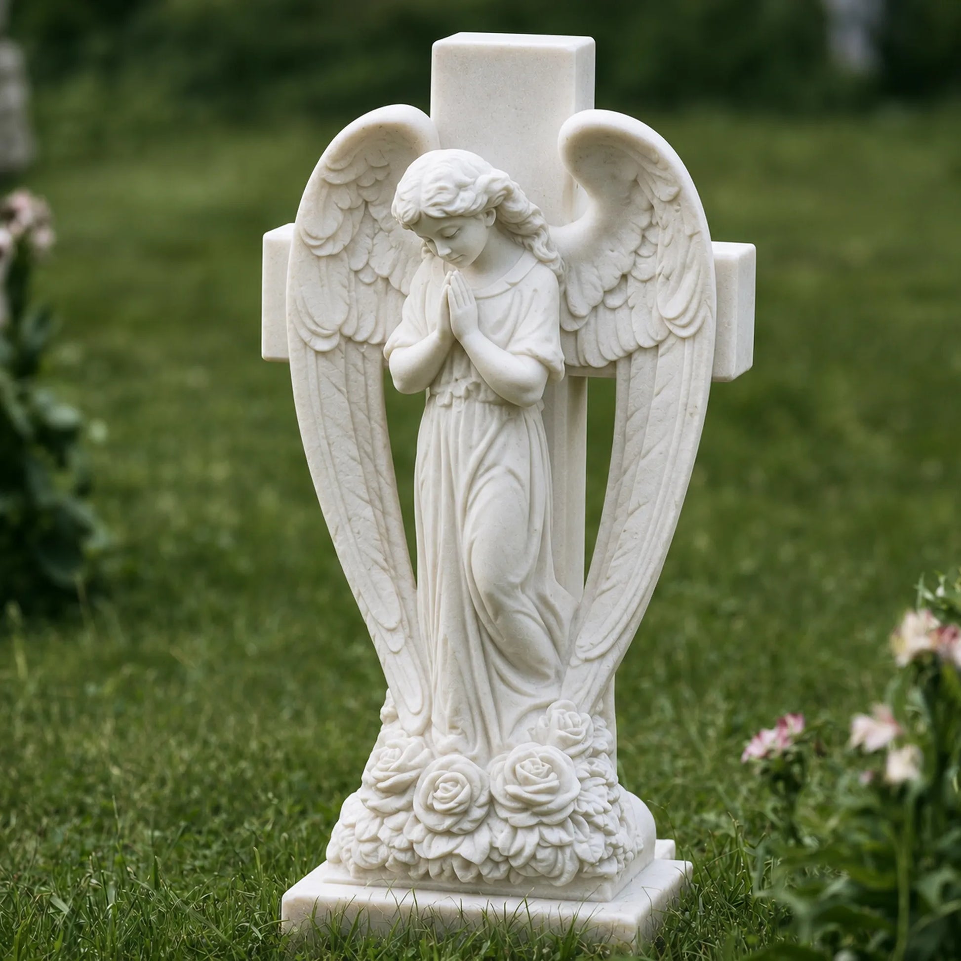 White marble angel sculpture with carved cross behind back for church and memorial garden.