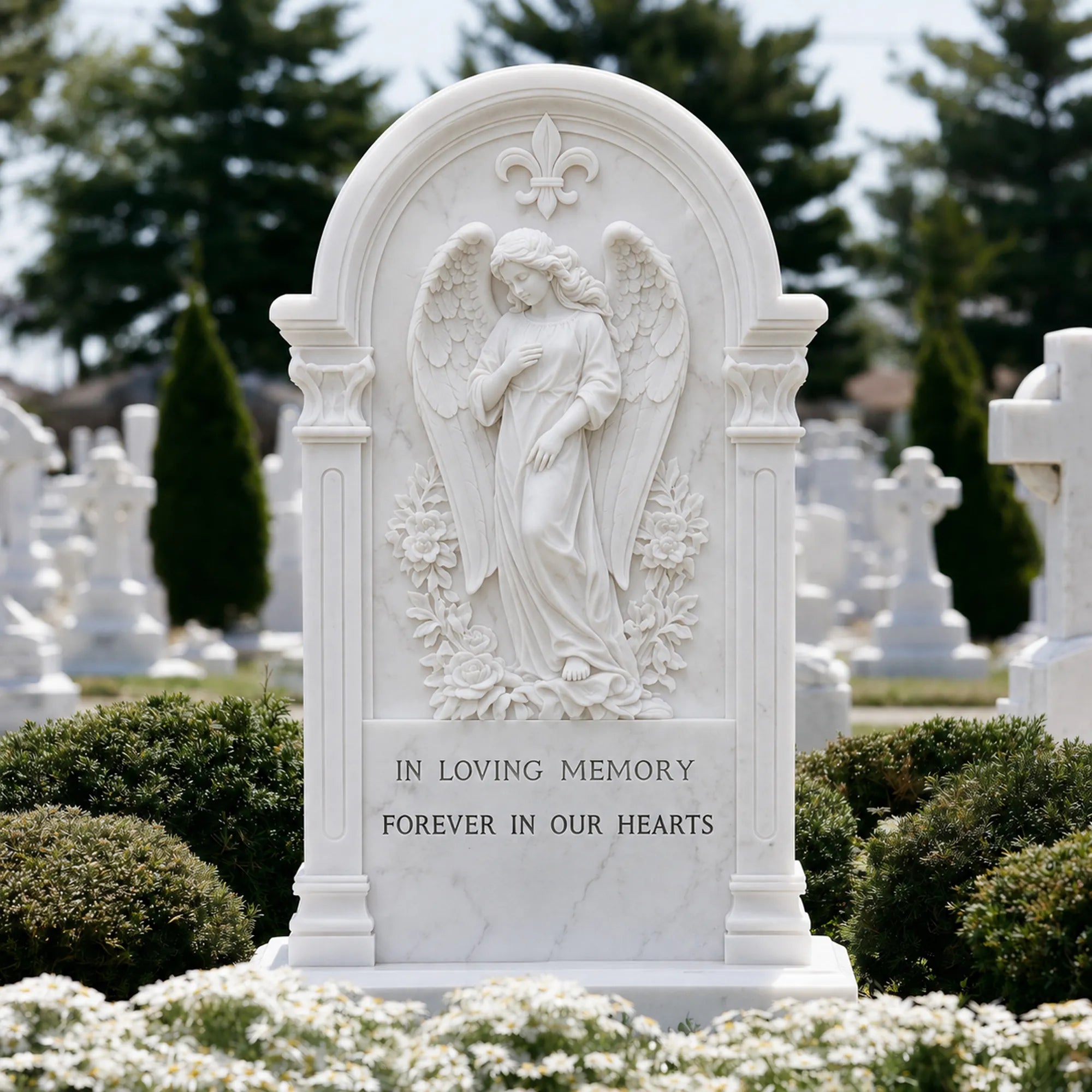 White marble tombstone with angel relief at top and circular wreath carving below in cemetery garden.