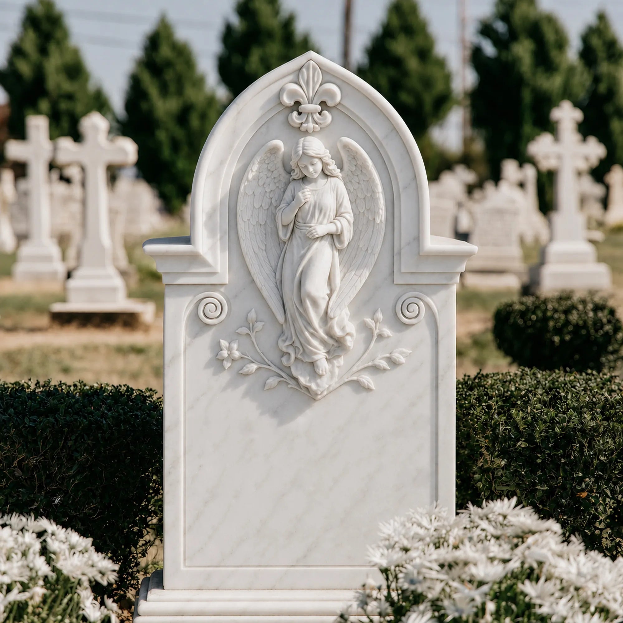 Angel relief marble memorial sculpture with closed eyes and soft smile carved in white stone for cemetery and church courtyard settings