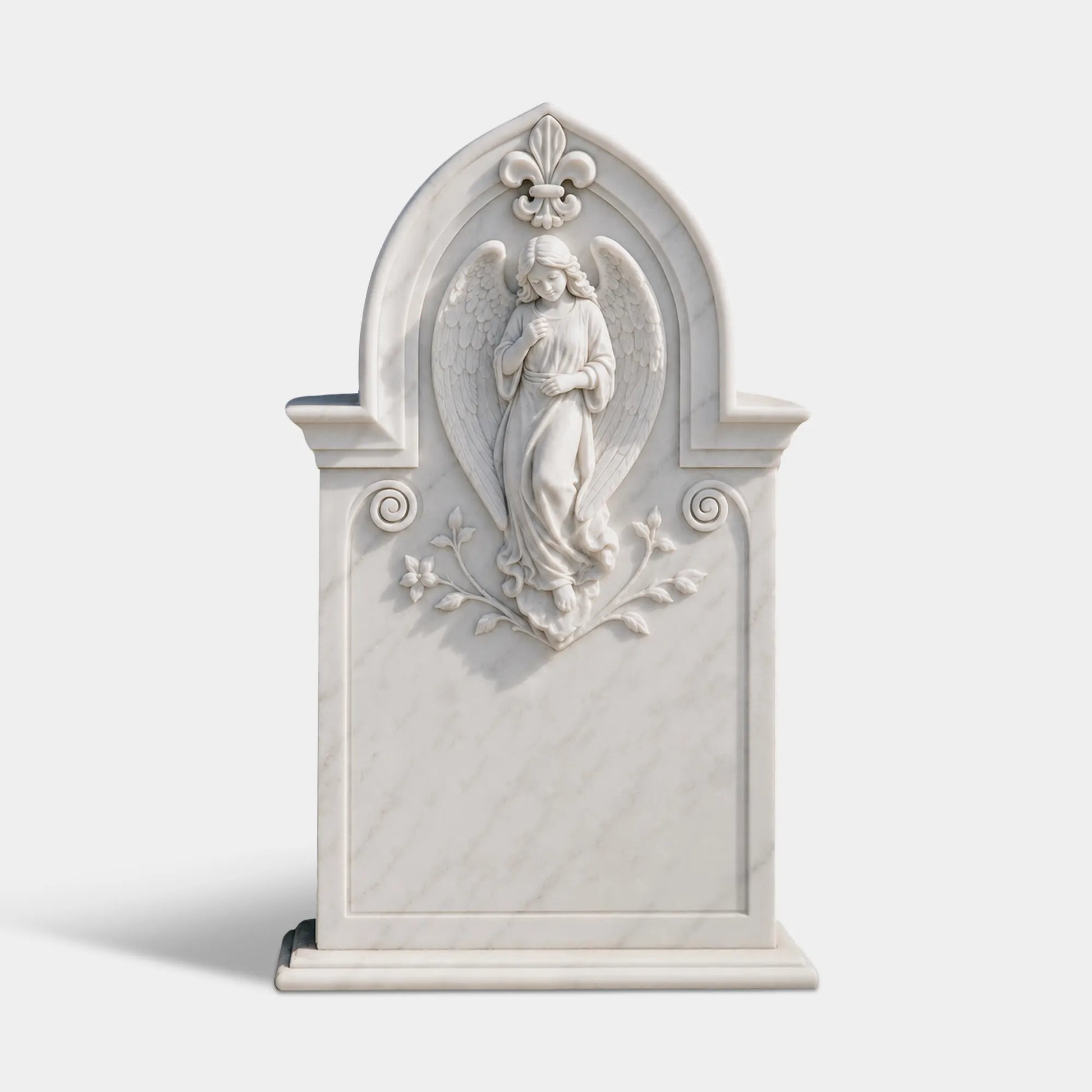 Angel relief marble memorial sculpture with closed eyes and soft smile carved in white stone for cemetery and church courtyard settings.