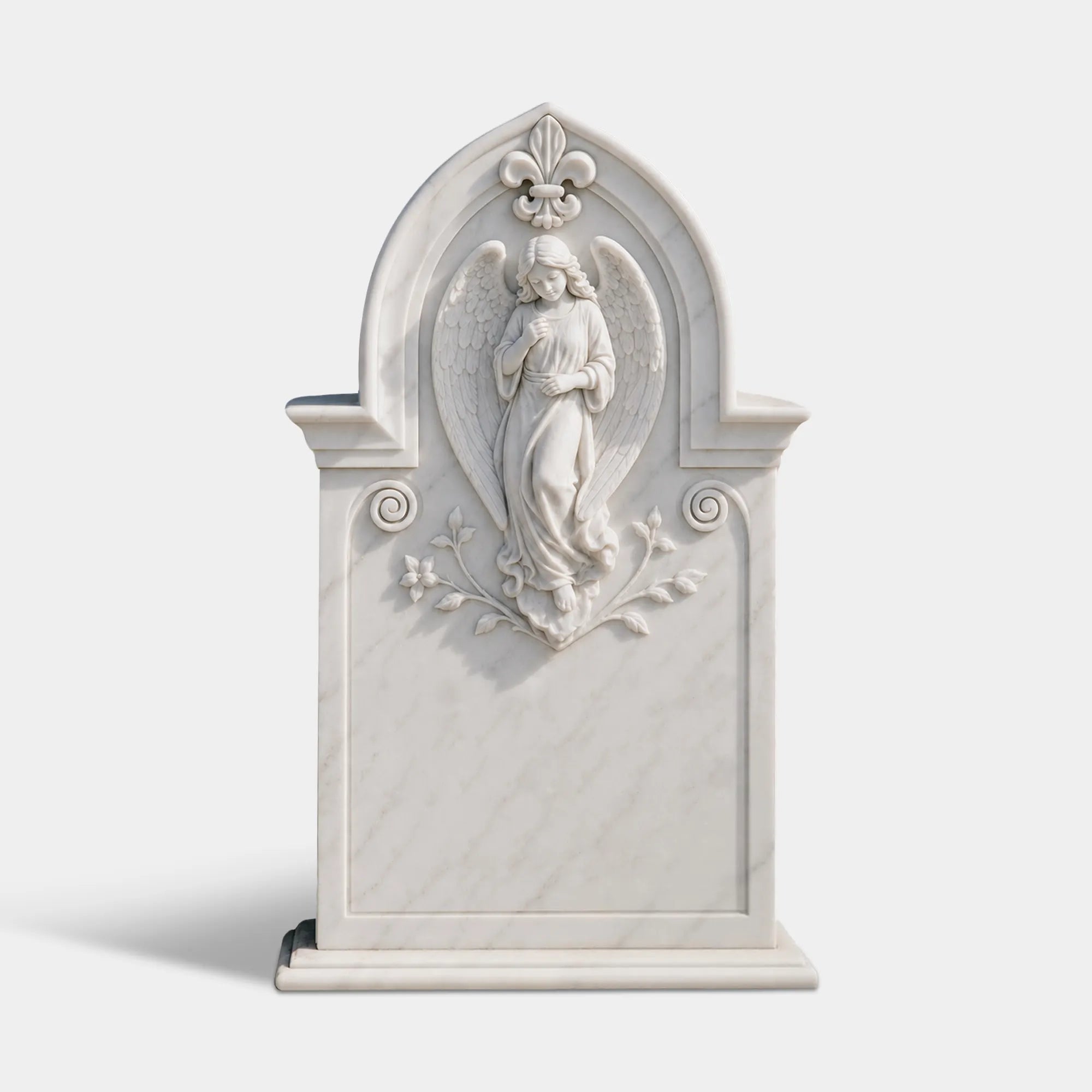 Angel relief marble memorial sculpture with closed eyes and soft smile carved in white stone for cemetery and church courtyard settings.