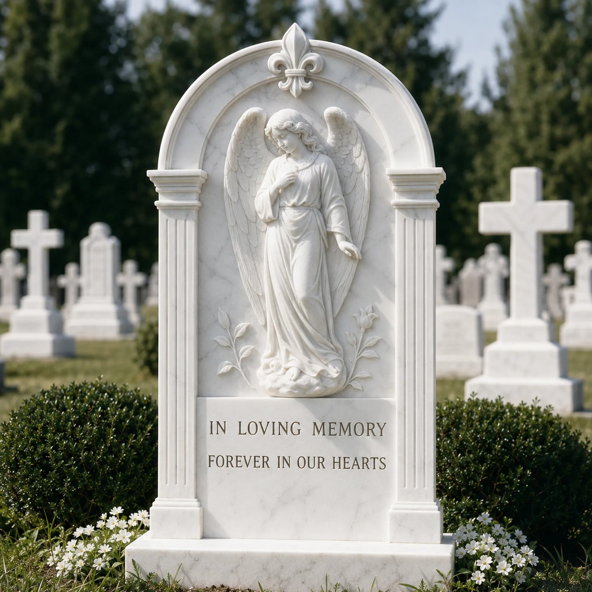 Marble angel relief carved on a white stone memorial tombstone in cemetery.