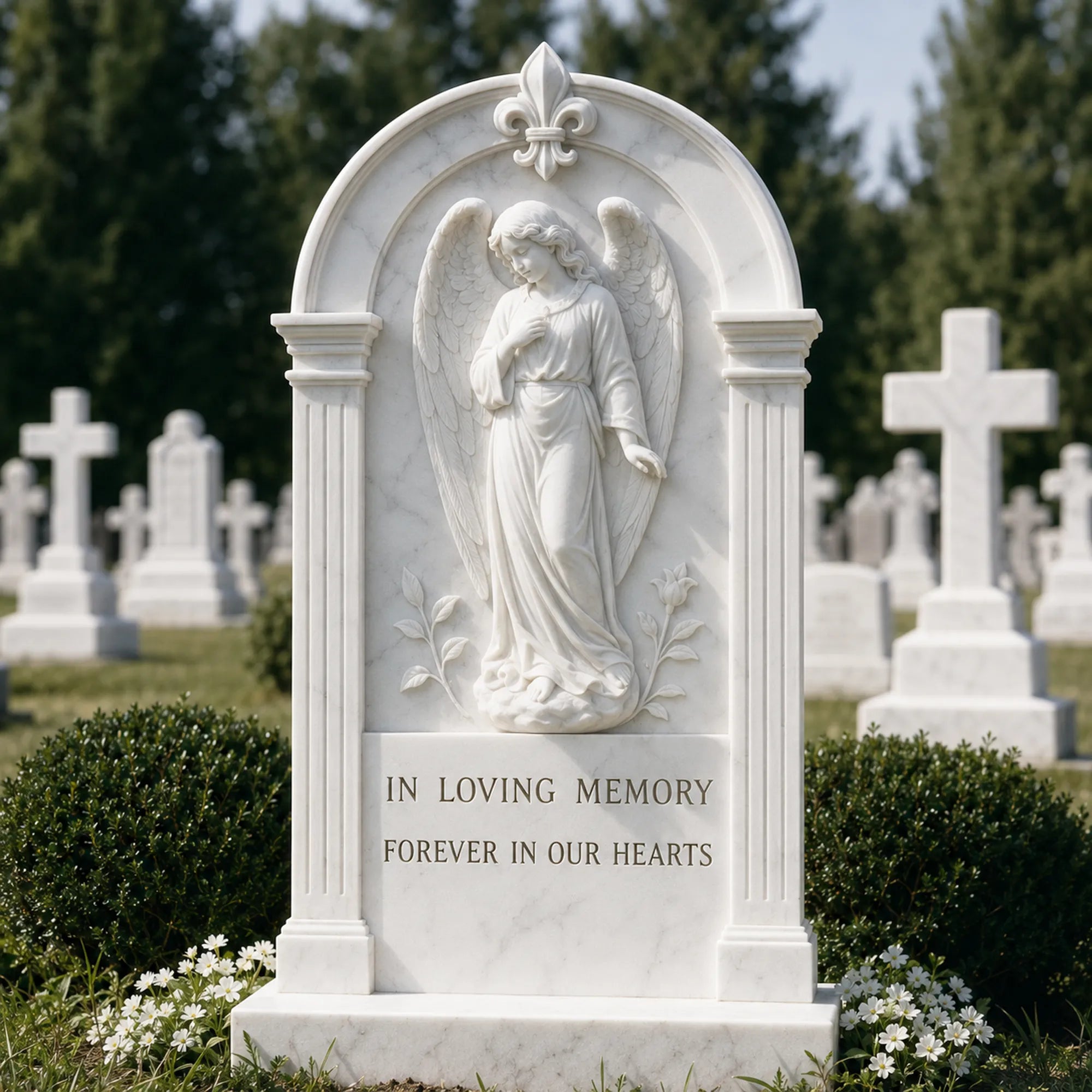 Marble angel relief carved on a white stone memorial tombstone in cemetery.