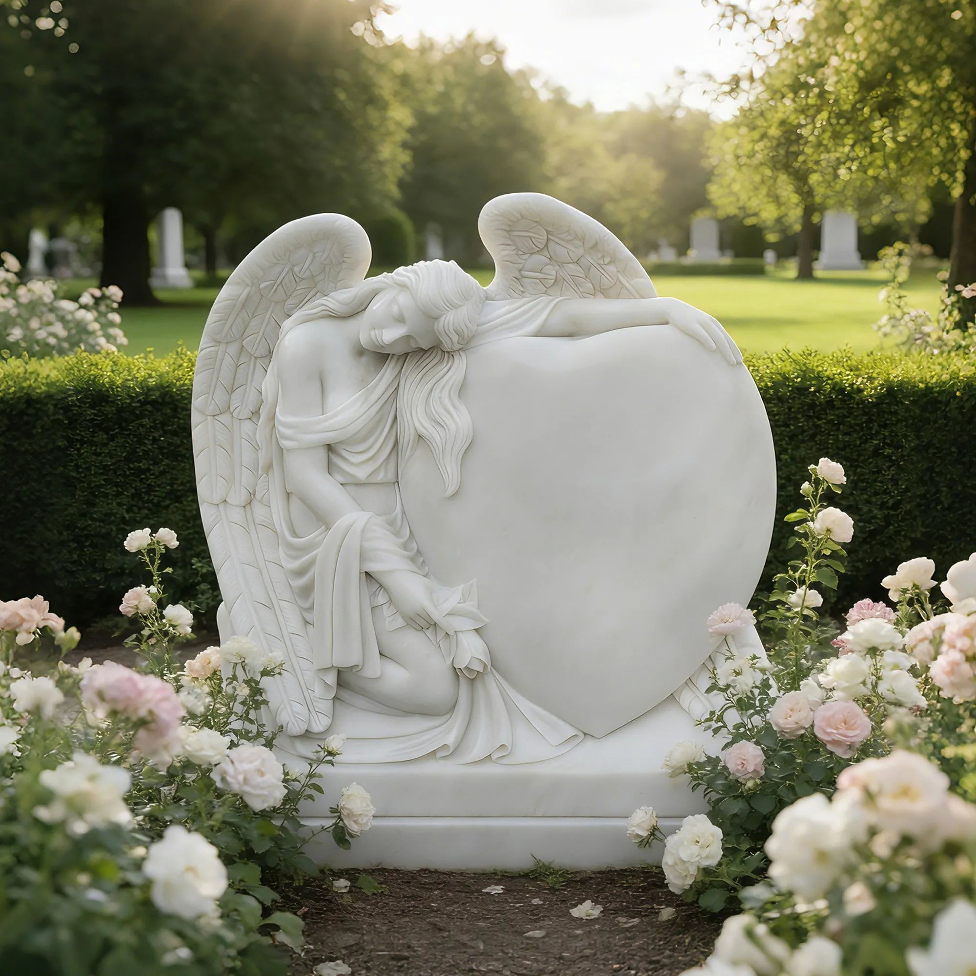 angel leaning on heart with closed eyes carved in white marble resting in cemetery memorial garden.