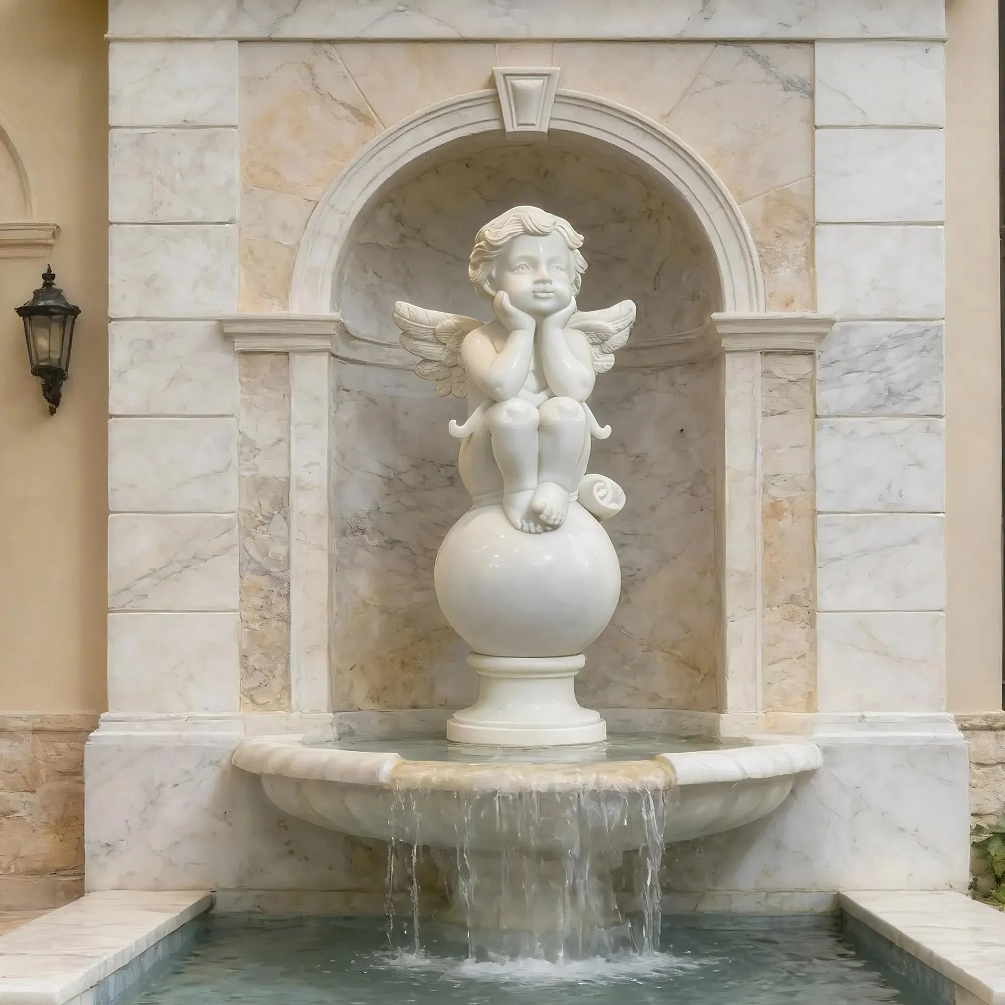 Angel cherub sitting with hands supporting face on a round stone pedestal carved in white marble in a pool center. 