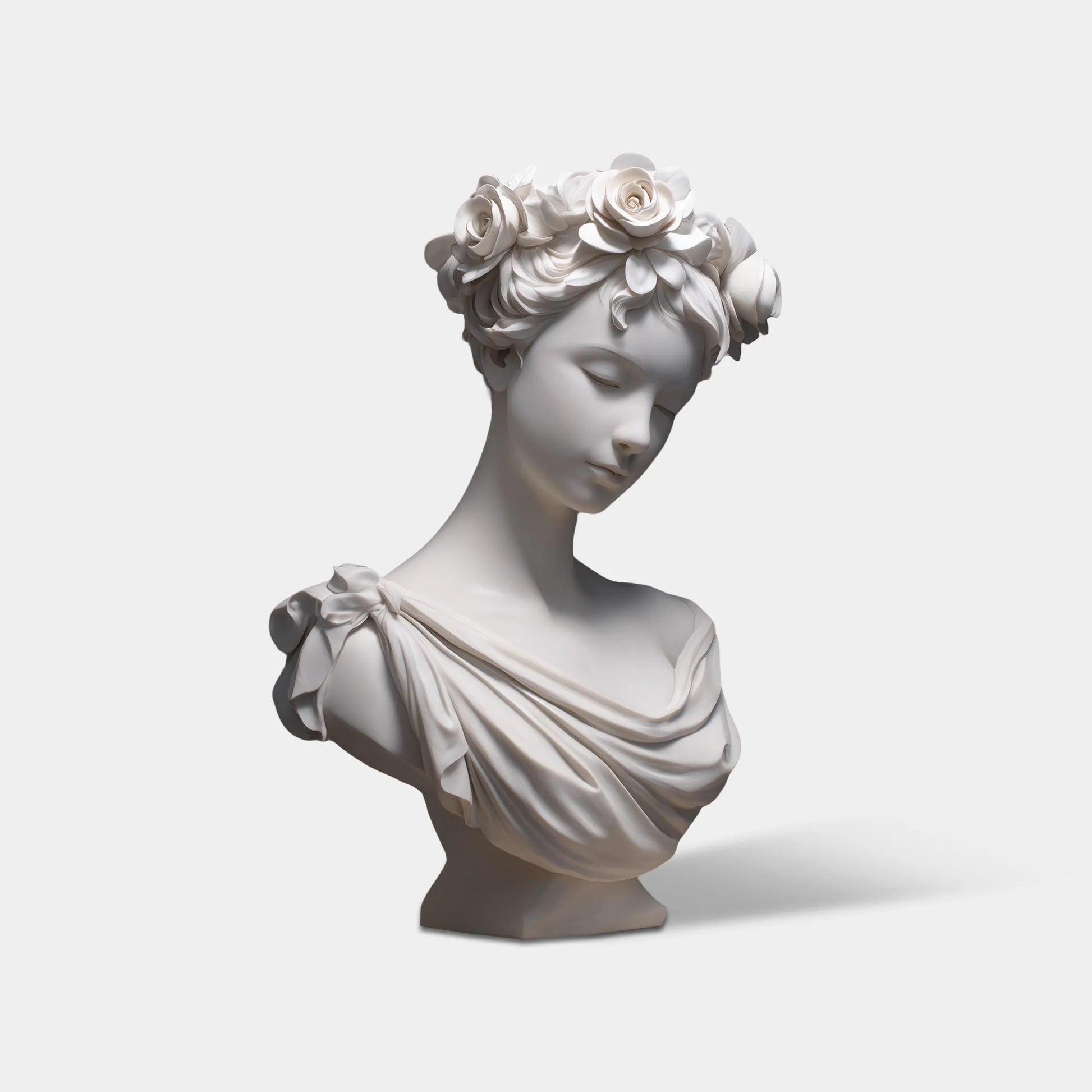 White marble lady bust with rose crown rests on marble fireplace mantel beside a pink rose bouquet.