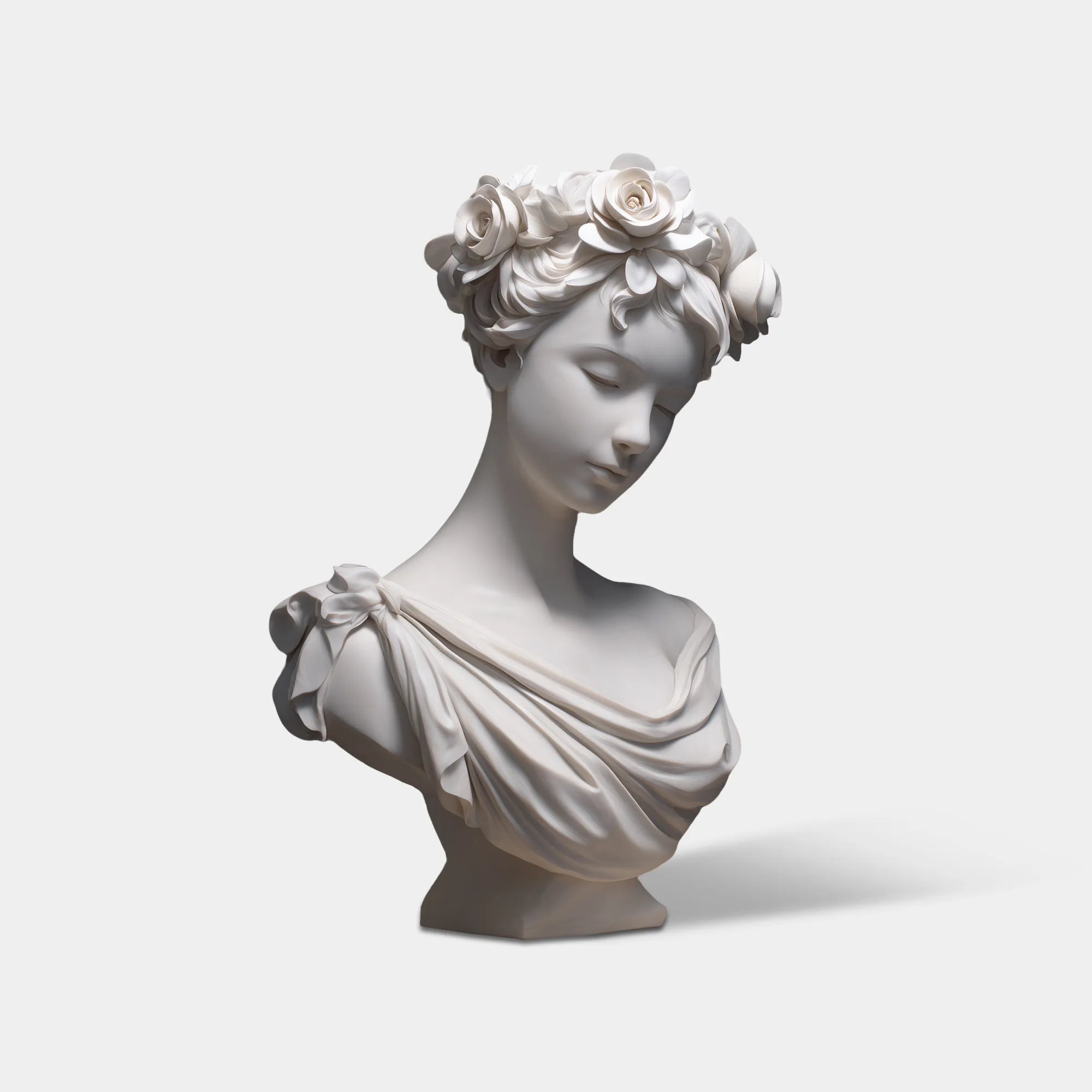 White marble lady bust with rose crown rests on marble fireplace mantel beside a pink rose bouquet.