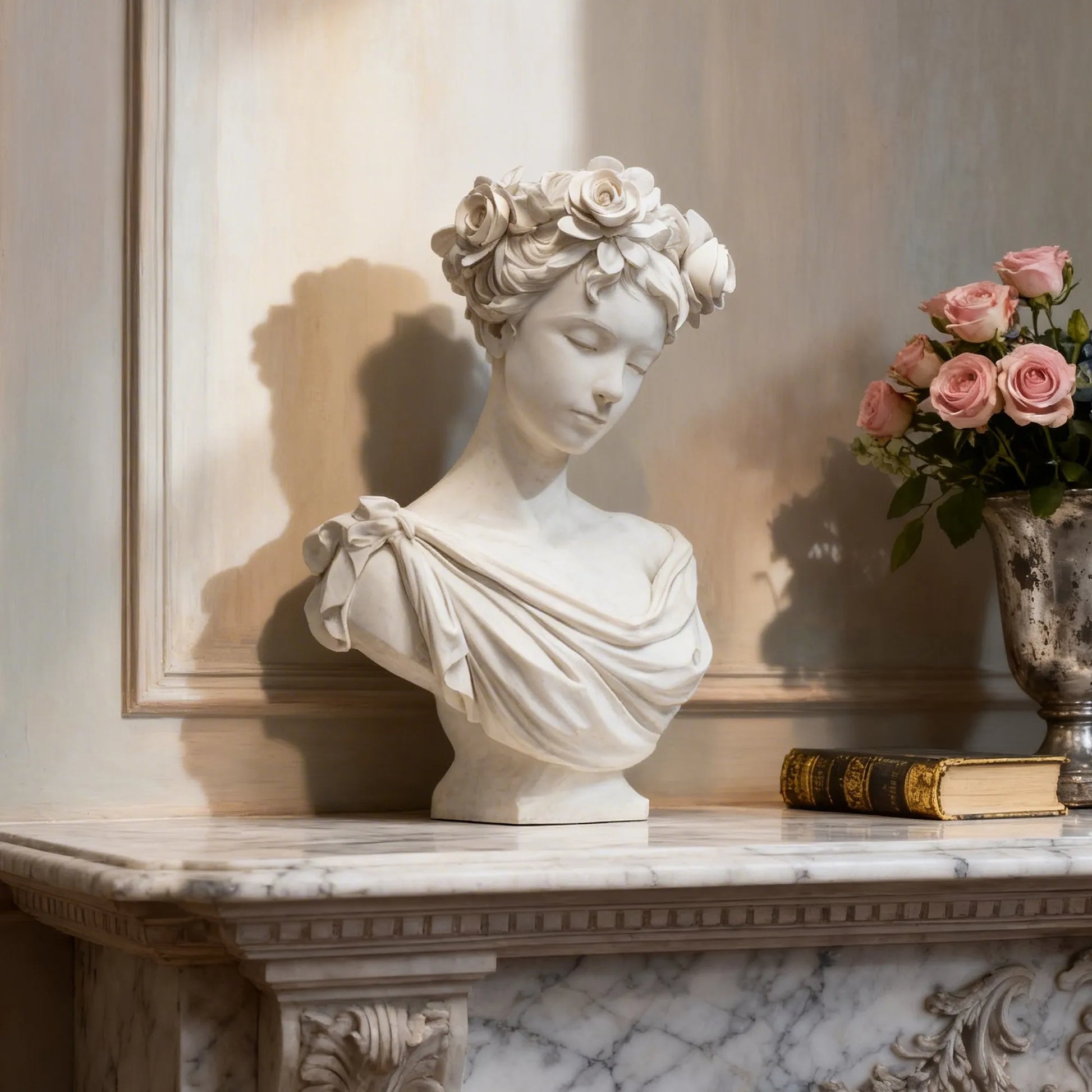 White marble lady bust with rose crown rests on marble fireplace mantel beside a pink rose bouquet.