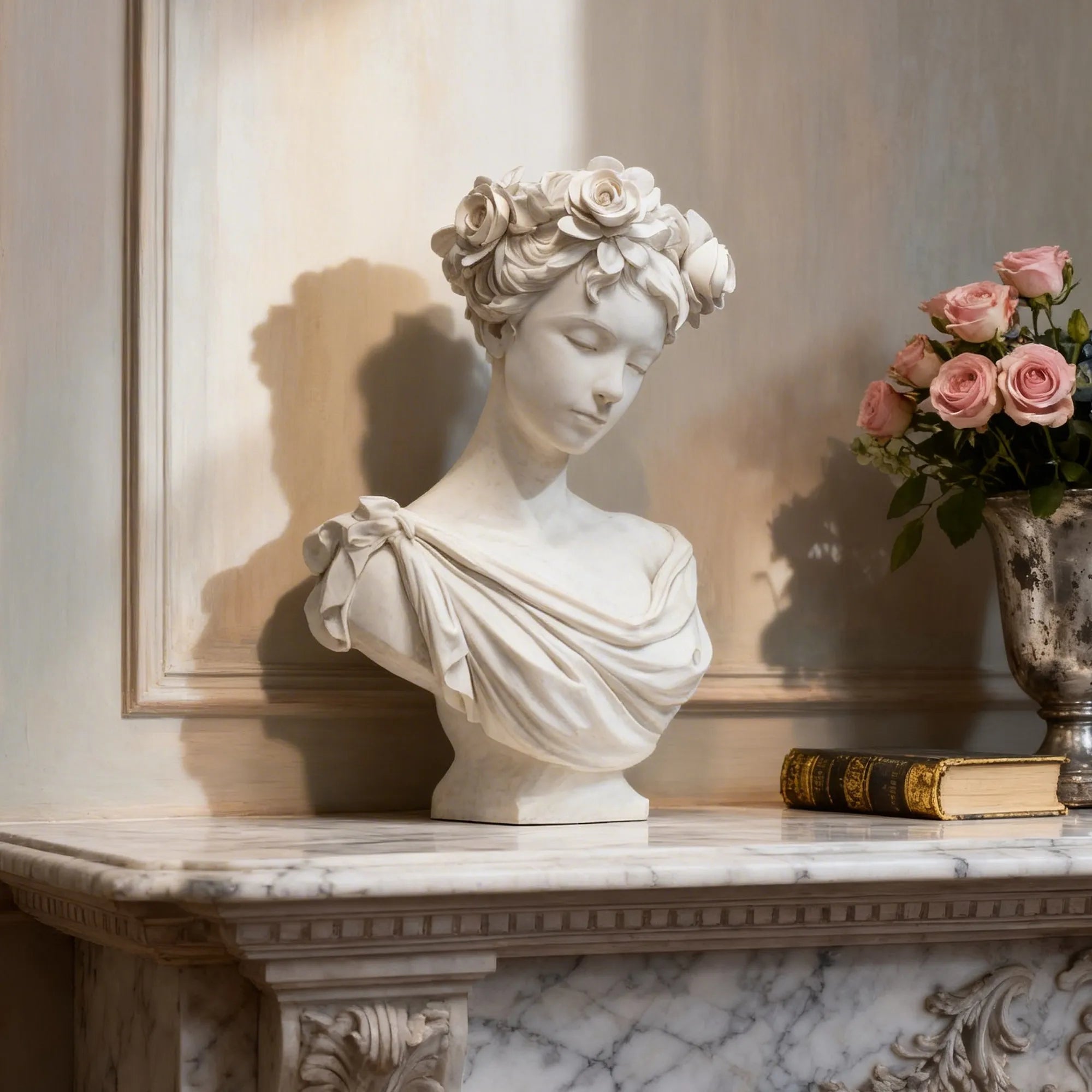 White marble lady bust with rose crown rests on marble fireplace mantel beside a pink rose bouquet.