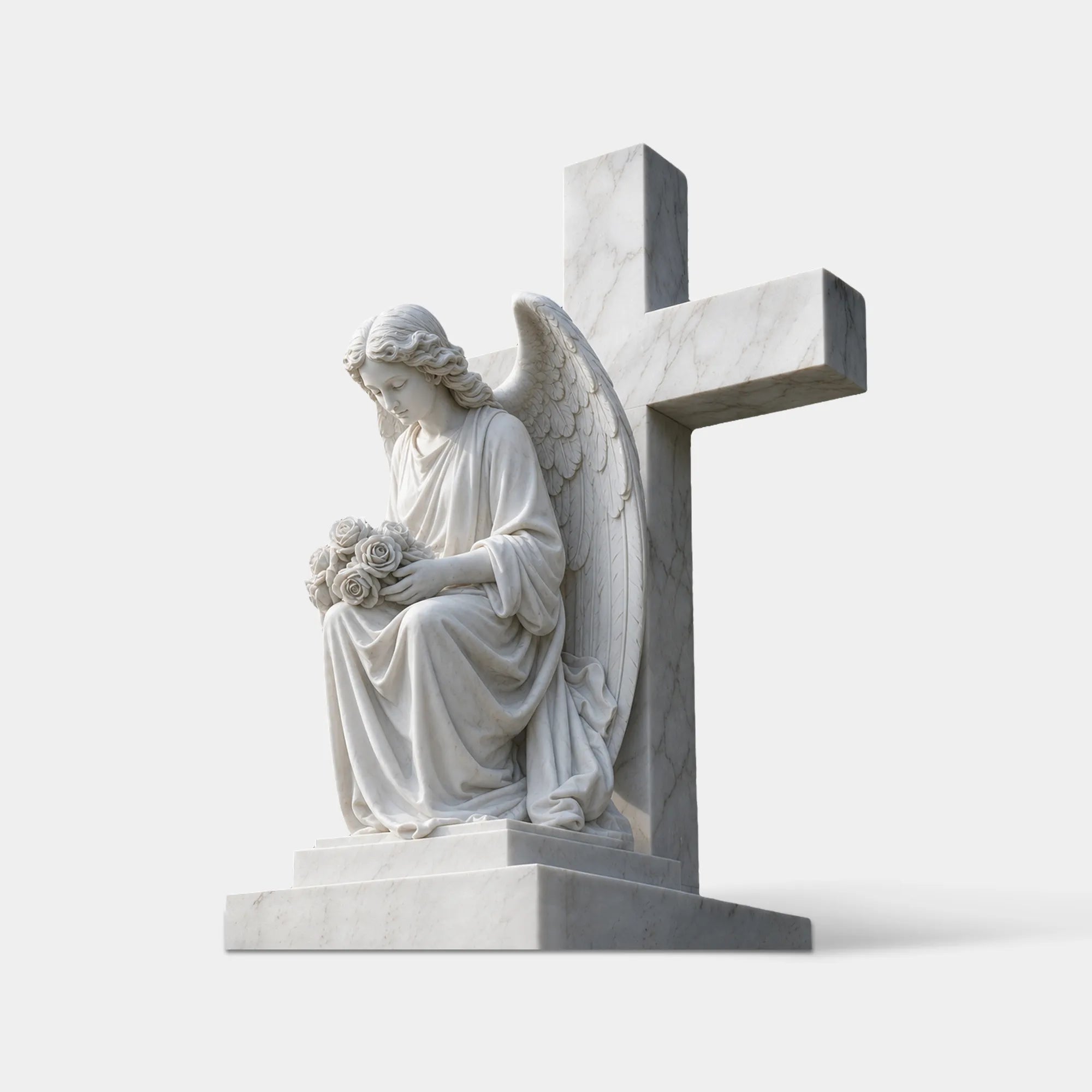 Angel Kneeling before a cross carved from white marble with detailed wings and robe folds. 