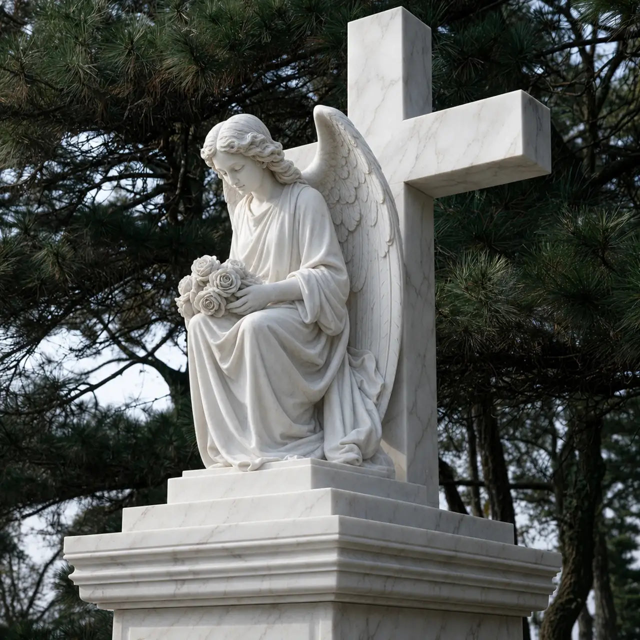 Angel Kneeling before a cross carved from white marble with detailed wings and robe folds. 