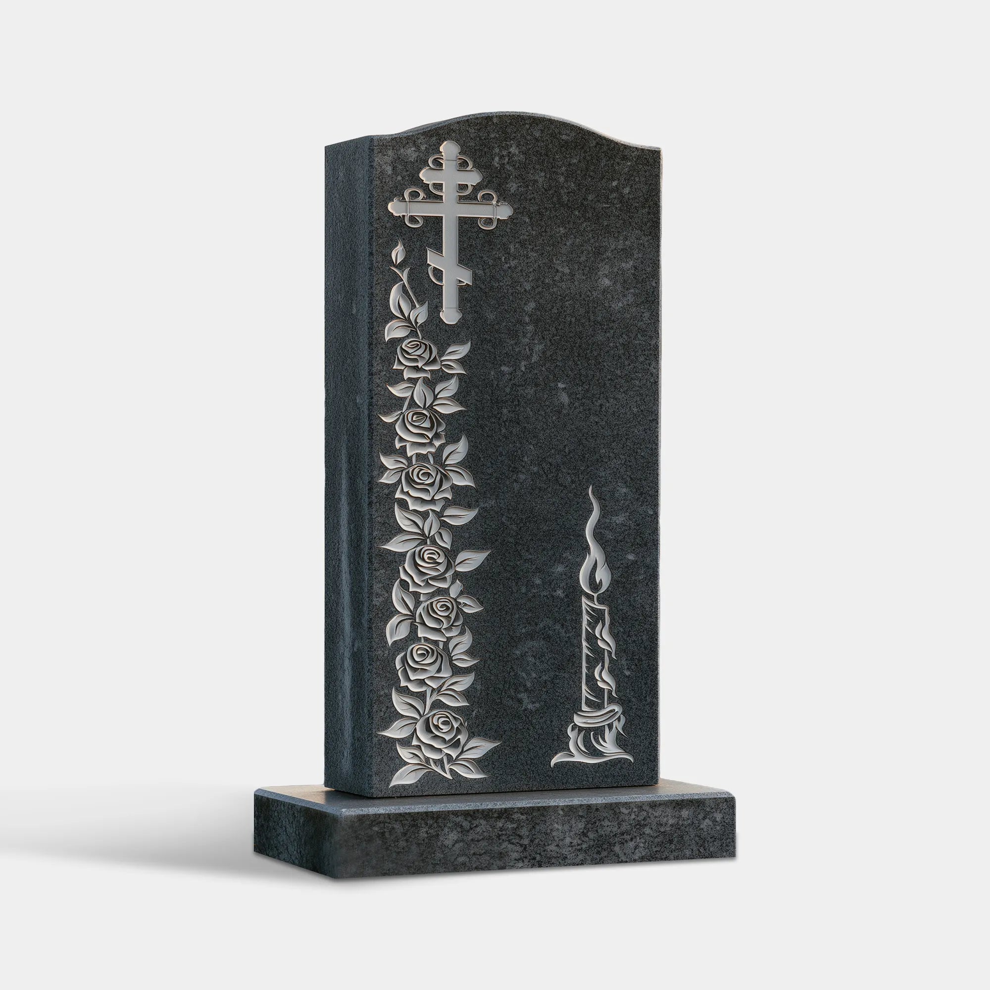 Black natural marble memorial statue with carved candle, flower, and cross details for cemetery remembrance. 