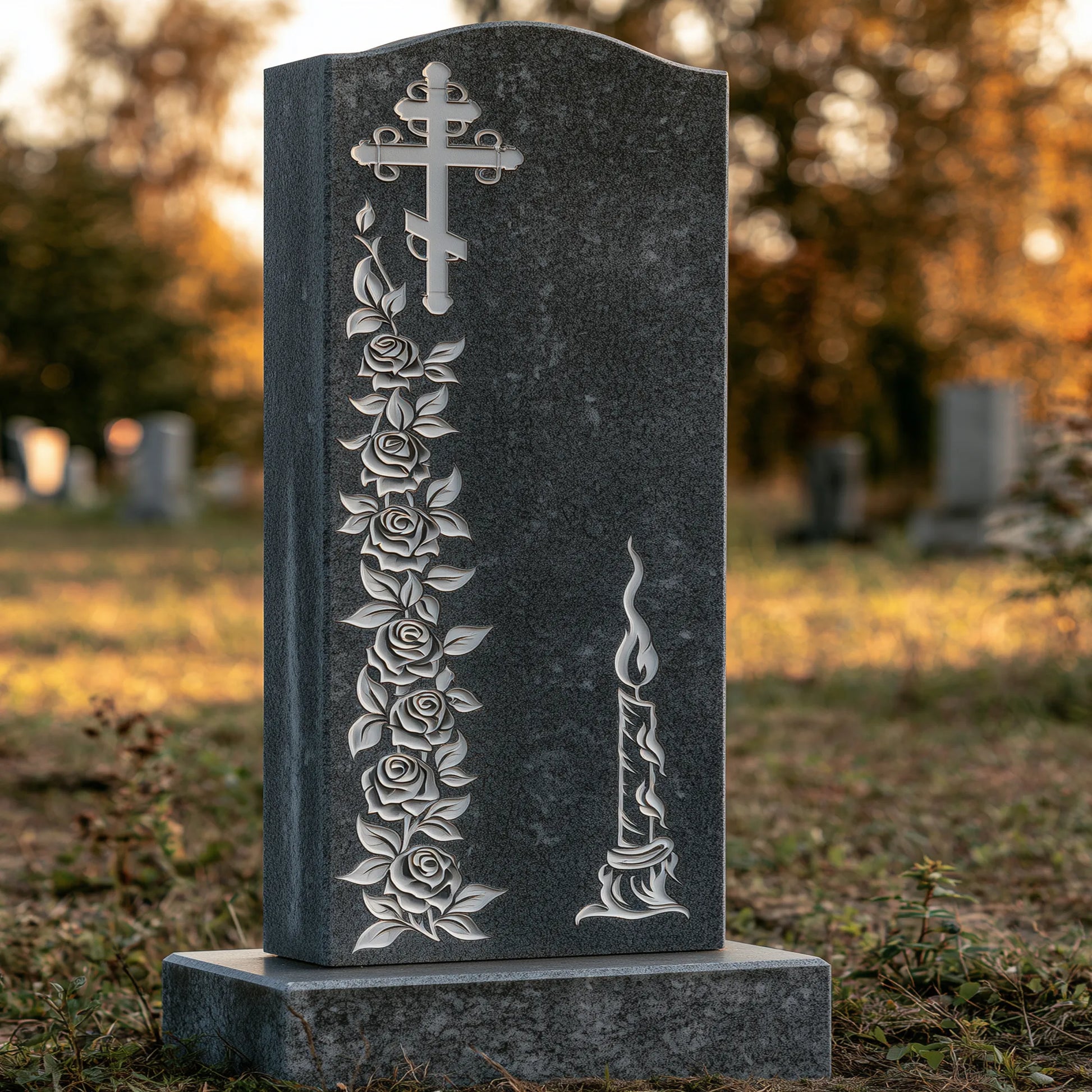 Black natural marble memorial statue with carved candle, flower, and cross details for cemetery remembrance. 