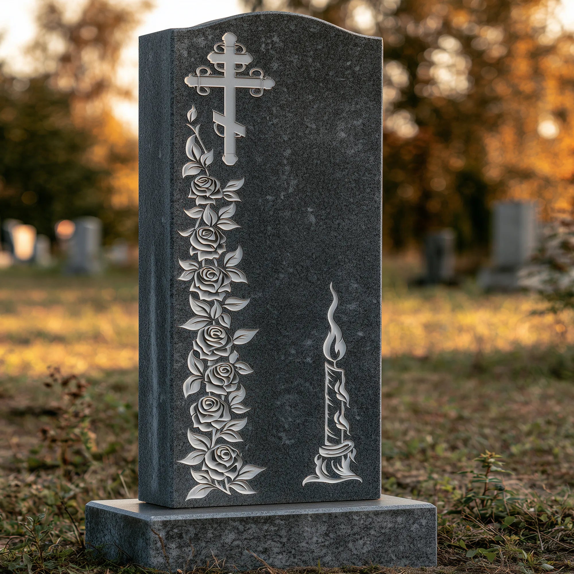 Black natural marble memorial statue with carved candle, flower, and cross details for cemetery remembrance. 