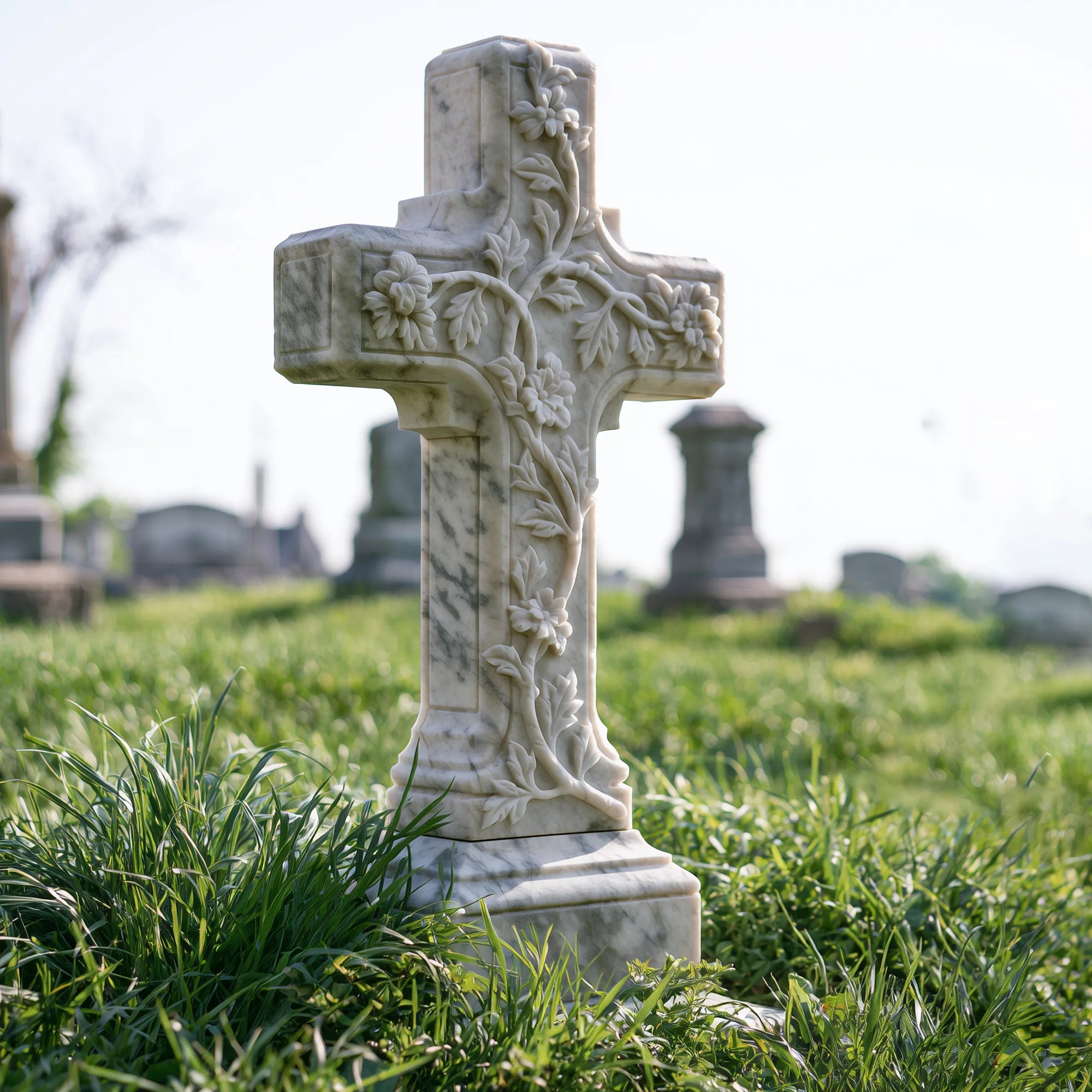 Natural white marble cross tombstone with carved vines and flowers, detailed floral patterns and custom engraving.